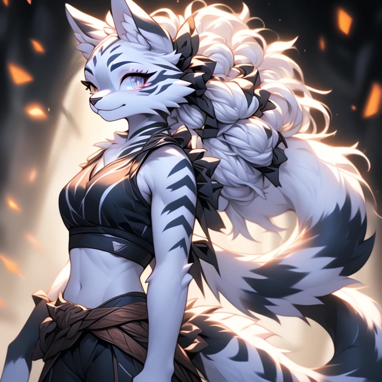 ( Absurdly , High quality , ultra detailed ) ,( hand detailed ) , 1girl, solo, mature, (concept art, character sheet), absurdres(highly detailed beautiful face and eyes)perfect anatomy Solo, sfw, Young Female white fox-cat (((lean-body))) (((medium breasts))) (short snout),(((fur (black stripe) between neck and shoulder towards chest))) ((fur (black stripes) on waist))(ears are darker), (heterochromia (orange, violet)), (cat tail (black at end)), (white hair (single-braided)), (fantasy adventure type clothing ((violet shirt (crop top))), (navy-blue belt) khaki pants)), happy ((looking at viewer)) ((Female wolf)) (detailed eyes) (clevedge, (collarbone, shoulders), (solo, (1girl)) ((((fluffy white fur)))) ((extremely detailed fur)) (violet crop top) ((hair in face)) (big braid), sfw, (thin long tail) (heterochromia) (extremely detailed eyes) joyful 