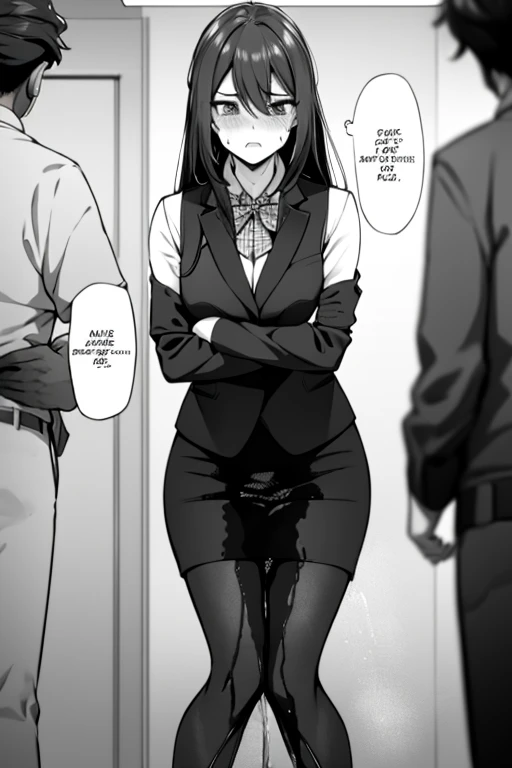 A woman with long black hair, wearing a business outfit consisting of a suit, pencil skirt, and pantyhose, stands in a monochrome setting. The artwork is inspired by manga and incorporates a doujin style. The woman appears to be (wetting herself:1.5), which causes her to feel embarrassed and humiliated, resulting in a blush on her face. In addition, there is an air of anger in her expression. The lighting in the scene is moody, with a spotlight highlighting the woman's figure. She is crossing her arms, (arms crossed:1.5), fully showcasing her skirt., medium breasts