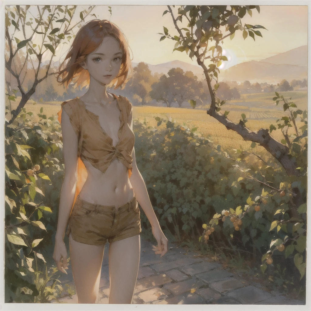 Beautiful slender thin exquisite (nude) (Girl ) (with a perfect southern type face) with short red hair (with tender beautiful big breasts with tender nipples) barefoot with bare thighs ((with red pubic hairs)) ((in an unbuttoned open light orange shirt over his naked body and short light orange shorts)) coming (along the brick road) in the middle of a flowering field (with a glass of wine), in a gentle watercolor style, Discreet shades, sfumato, haze, diffused dim light, delicate mint shades, imitation of film photography, (olive and grape groves, Brick Road), (High image quality, Maximum detail), (sunset lighting, Warm evening shades, warm golden and olive sunset light)