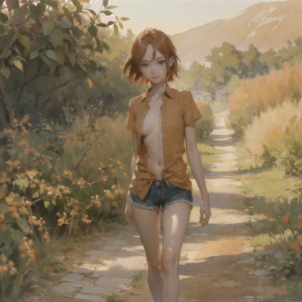 Beautiful slender thin exquisite (nude) (Girl ) (with a perfect southern type face) with short red hair (with tender beautiful big breasts with tender nipples) barefoot with bare thighs ((with red pubic hairs)) ((in an unbuttoned open light orange shirt over his naked body and short light orange shorts)) coming (along the brick road) in the middle of a flowering field (with a glass of wine), in a gentle watercolor style, Discreet shades, sfumato, haze, diffused dim light, delicate mint shades, imitation of film photography, (olive and grape groves, Brick Road), (High image quality, Maximum detail), (sunset lighting, Warm evening shades, warm golden and olive sunset light)