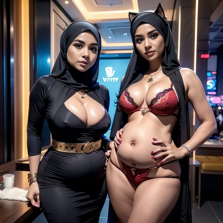 Setting background: 2 beverage cart, Hijab woman in a bar, night, LED Light, Blue LED, night, , Drinks 5 euros, Hijab Girls is drinking, Two:2 Hijab Malaysian girls pregnant 9 month,Largest Baby Bump pregnant, Largest , Big pregnant Belly, Big Pregnant girl, Largest Belly of Pregnant, Beautiful woman, beautiful face, pregnant, long hair, black hair, realistic, ultra-detailed, big breast, malay, The whole body consists of a young girl with hijab, Eye makeup, 21yo, Cat ears, Soft lighting, groups, Wear shabby clothes, Dirty, Tattered futuristic military uniform, Cat's paw badge, Pose, spot color, rendering by octane, Ultra-realistic intricate details, big breasts, big breasts, big breasts, two MAPAY women in lingerie posing for a picture in a room, oppai, posing together in bra, MIRA FILZAH and IMAN TAYORE, red bra, all red, oppai proportions, sexy :8, 4k], 4 k ], big breasts!, bottom angle, big breasts!!, Malay beauties, biomechanical oppai, fujita goro and jones, thicc, wearing hijab, hijab star, hijab gorgeous, hijab super model, Malaysian girls group,malay, The whole body consists of a young girl with hijab, Eye makeup, 21yo, Cat ears, Soft lighting, group, Wear shabby clothes, Dirty, Tattered futuristic bikini, Cat's paw badge, Pose, spot color, rendering by octane, Ultra-realistic intricate details, Cinematic, 8K resolution, 70mm, emphasis lighting, Global illumination, Full body portrait, clean detailed faces, Complex clothing, Cute face,  (((wearing a Sexy belt design by LV))) Surreal full-body figure, Beautiful and delicate body and face, gorgeous figure, ssmile, Titillating，Surreal full-body figure，Beautiful and detailed body and face, Super vista, White skin of the, vivd colour,🔥8k, masterpiece, RAW photo, best quality, (18k detail:1.2), photorealistic, extremely, deep shadow, earrings, bracelets, necklace,