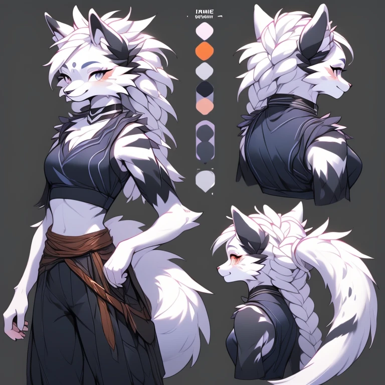 ( Absurdly , High quality , ultra detailed ) ,( hand detailed ) , 1girl, solo, mature, (concept art, character sheet), absurdres(highly detailed beautiful face and eyes)perfect anatomy Solo, sfw, Young Female white fox-cat (((lean-body))) (((medium breasts))) (short snout),(((fur (black stripe) between neck and shoulder towards chest))) ((fur (black stripes) on waist))(ears are darker), (heterochromia (orange, violet)), (cat tail (black at end)), (white hair (single-braided)), (fantasy adventure type clothing ((violet shirt (crop top))), (navy-blue belt) khaki pants)), happy ((looking at viewer)) ((Female wolf)) (detailed eyes) (clevedge, (collarbone, shoulders), (solo, (1girl)) ((((fluffy white fur)))) ((extremely detailed fur)) (violet crop top) ((hair in face)) (big braid), sfw, (thin long tail) (heterochromia) (extremely detailed eyes) joyful ((concept art, character sheet))