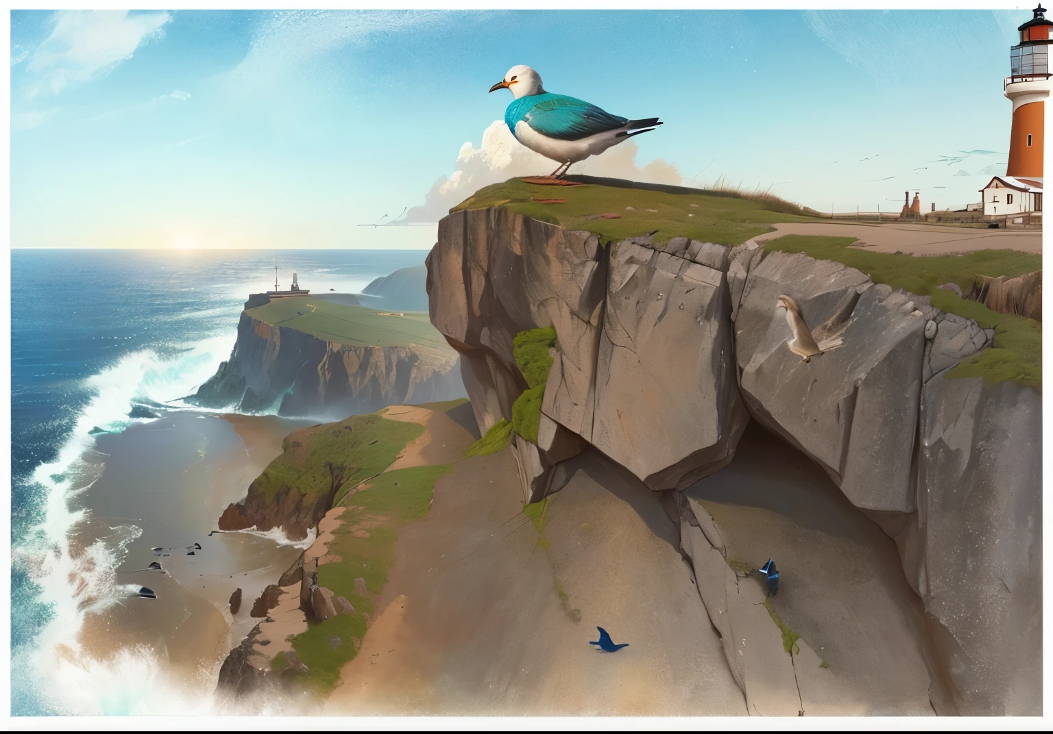 painting of a bird standing on a rock with a lighthouse in the background, inspirado em Theodor Philipsen, inspirado em Edward Lear, inspired by Jan Kupecký, empoleirado em uma rocha, por Sigrid Hjertén, na costa, penhasco, inspirado em Jacob Pato, inspirado em Richard Doyle, by Louisa Matthíasdóttir; gaivota mais branquinha