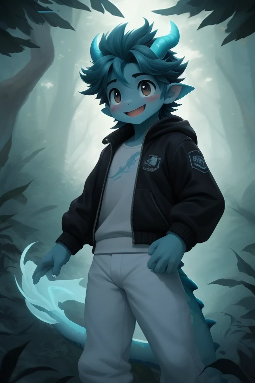 Little boy, Dragon y pelaje Celeste, ojos violetas detallados, cola larga, en el bosque, vistiendo una chaqueta negra y una tanga blanca, delgado, astuto, fondo sencillo, sonrisa afectada