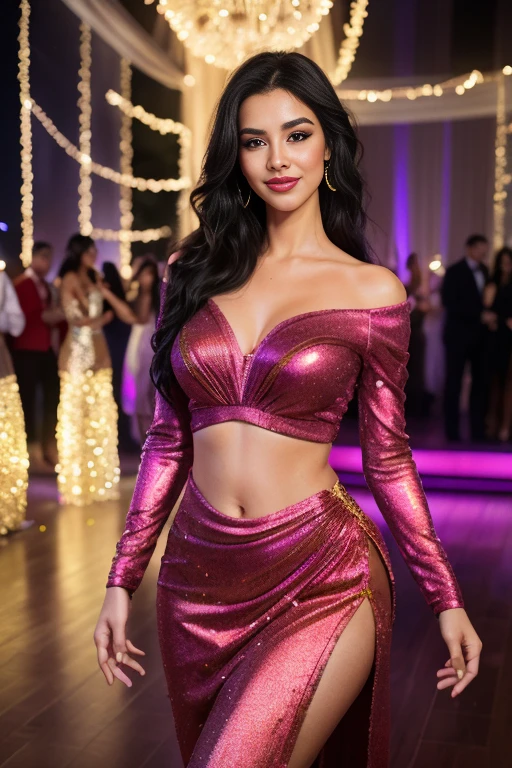 (best quality,4k,highres), (realistic:1.37), portrait, (bright colors, vibrant colors), (soft lighting, warm lighting), beautiful detailed eyes, beautiful detailed lips, long black hair, radiant smile, tall height, confident posture, elegant background scenery, festive atmosphere, sparkling lights, energetic dance floor, friends and laughter, joyful celebration, glamorous event