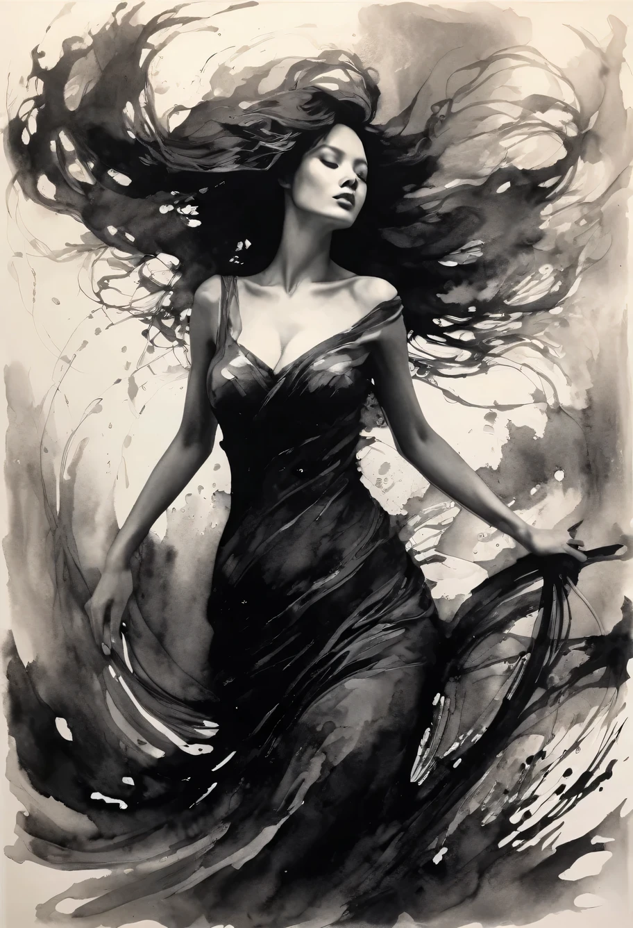(best quality,ultra-detailed,realistic,ink drawing:1.2),wind-blown hair,woman,((Ashley Wood style)),female figure,expressive eyes,gently flowing dress,graceful pose,subtle shading,striking composition,dynamic lines,vibrant ink strokes,contrasting light and shadow,intricate details,artistic flair,monochrome palette,emotionally charged,subdued background,fine art quality,mesmerizing beauty,hint of mystery,atmospheric ambiance,whimsical elements,depth and texture,ethereal aura,sophisticated elegance,impeccable craftsmanship,skillful ink work,thought-provoking,imagination-stirring,unforgettable impression,ink on paper effect,organic and fluid,unique visual style,touched by artistic genius,intense and captivating,classic yet contemporary,visually stunning composition best quality,4k,8k,highres,masterpiece:1.2,ultra-detailed,photorealistic,advertising poster,mermaid,storm,monochromatic,harrowing,contrasting colors,dynamic lighting,water reflections,striking composition,dramatic atmosphere,mysterious concept