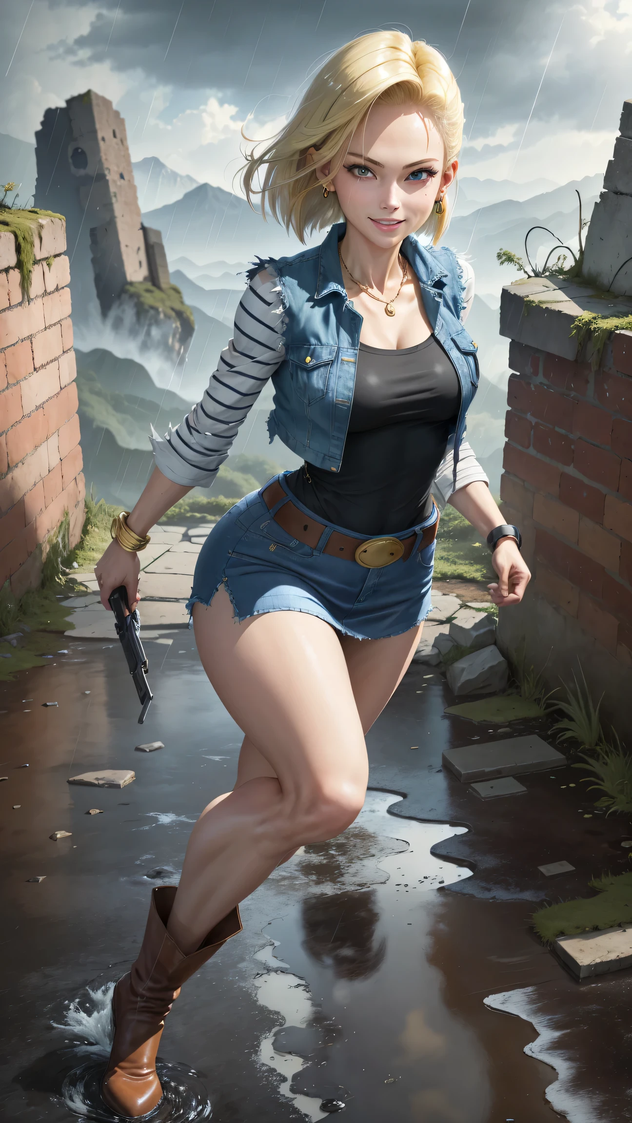best quality, highres, and18, 1girl, android 18, solo girl, 1girl, blonde hair, blue eyes, belt, boots, tight blue demin skirt, gold_necklace, black shirt, short hair, long striped sleeves, earrings, open vest, denim vest, medium breasts, cowboy shot, mountains, straight-on, (weather: raining and windy), wet body, sexy smile, combat stance, full length pantyhose, battle ruins, wide hips, thick legs, torn clothes, closed fists,