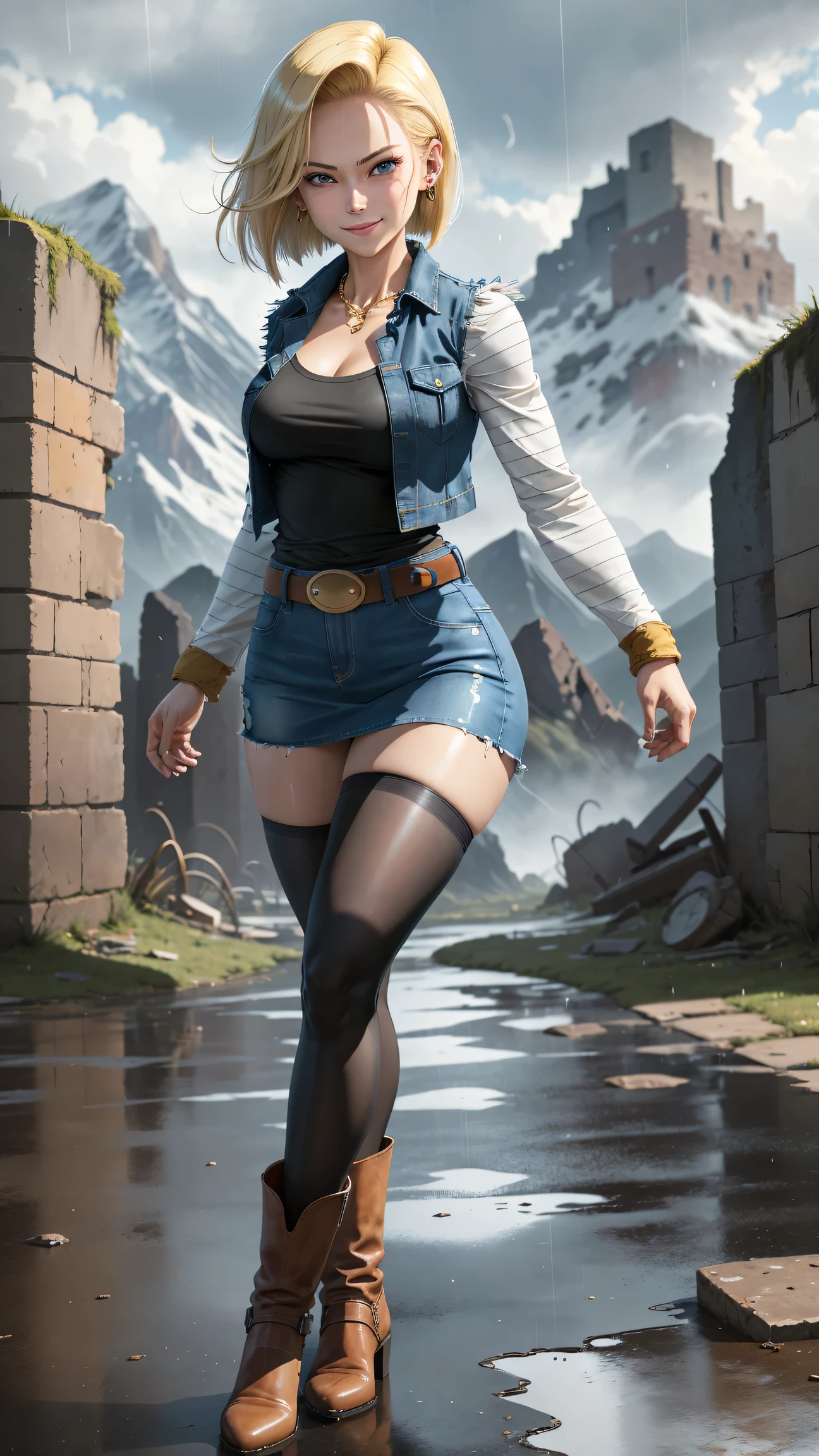 best quality, highres, and18, 1girl, android 18, solo girl, 1girl, blonde hair, blue eyes, belt, boots, tight blue demin skirt, gold_necklace, black shirt, short hair, long striped sleeves, earrings, open vest, denim vest, medium breasts, cowboy shot, mountains, straight-on, (weather: raining and windy), wet body, sexy smile, combat stance, full length pantyhose, battle ruins, wide hips, thick legs, torn clothes, closed fists,