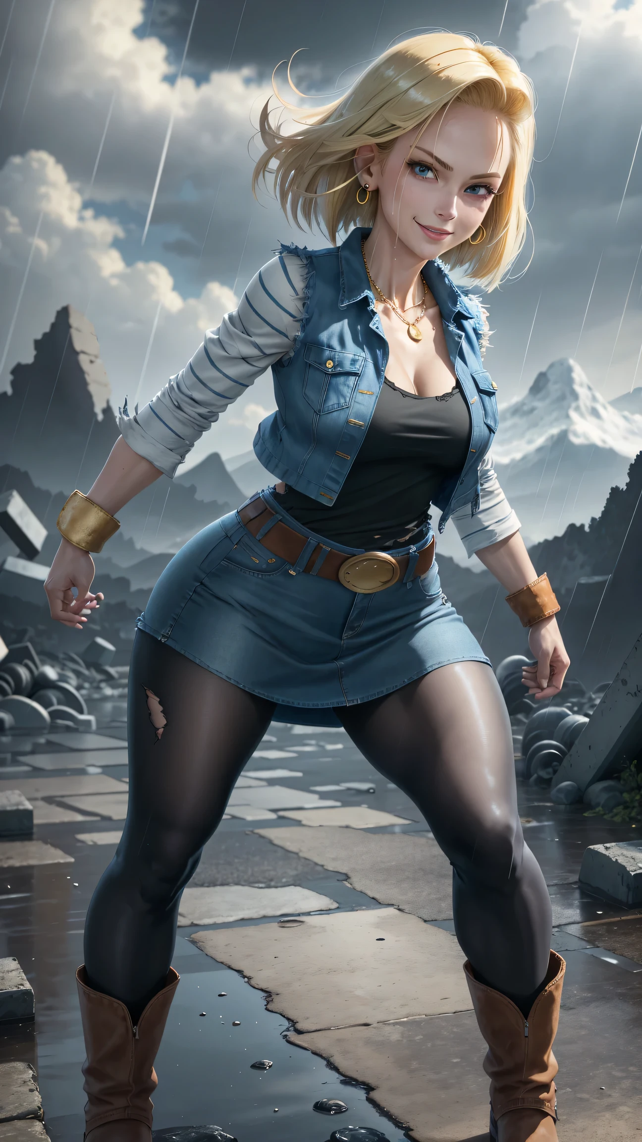 best quality, highres, and18, 1girl, android 18, solo girl, 1girl, blonde hair, blue eyes, belt, boots, tight blue demin skirt, gold_necklace, black shirt, short hair, long striped sleeves, earrings, open vest, denim vest, medium breasts, cowboy shot, mountains, straight-on, (weather: raining and windy), wet body, sexy smile, combat stance, full length pantyhose, battle ruins, wide hips, thick legs, torn clothes, closed fists,