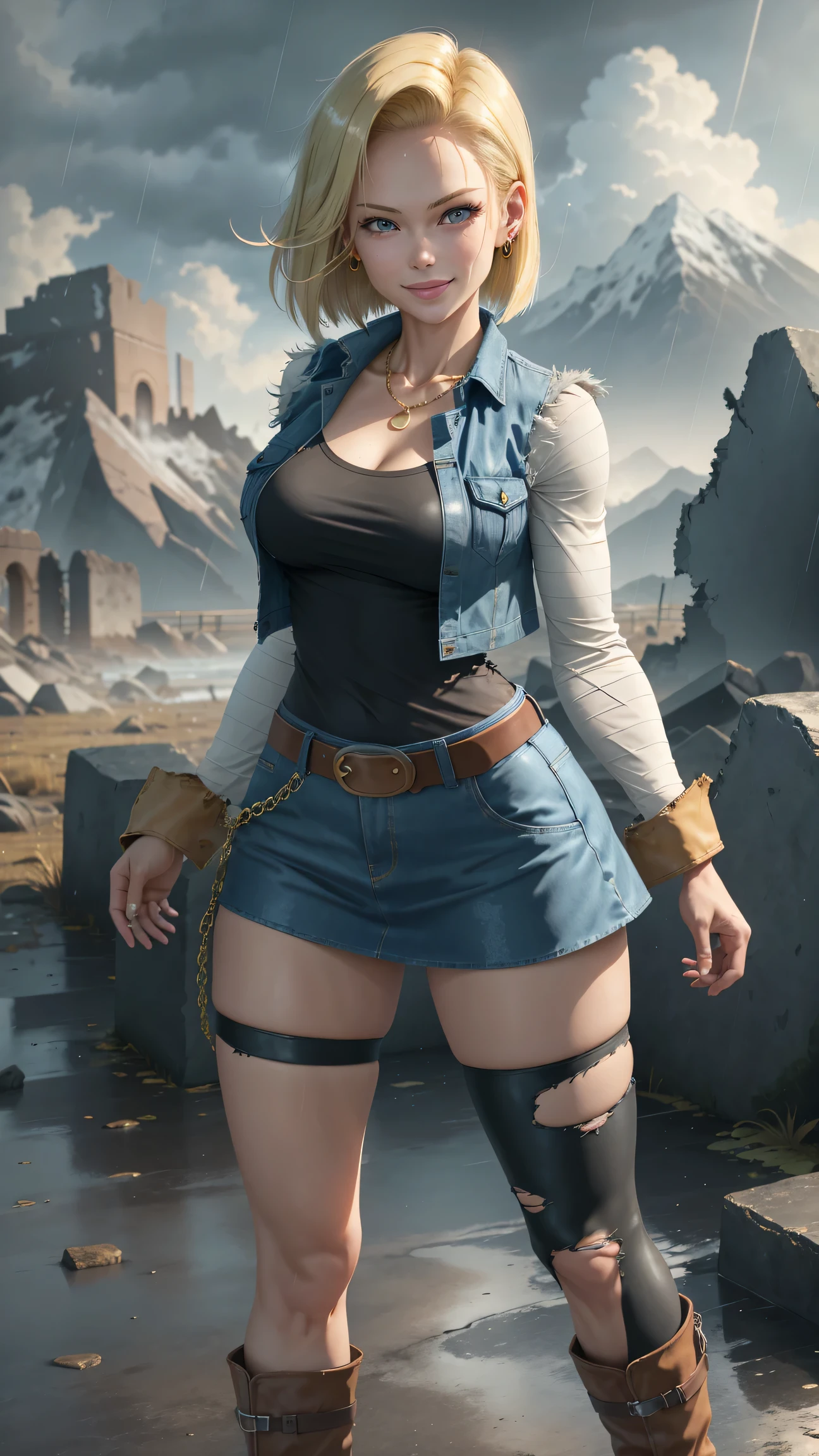 best quality, highres, and18, 1girl, android 18, solo girl, 1girl, blonde hair, blue eyes, belt, boots, tight blue demin skirt, gold_necklace, black shirt, short hair, long striped sleeves, earrings, open vest, denim vest, medium breasts, cowboy shot, mountains, straight-on, (weather: raining and windy), wet body, sexy smile, combat stance, full length pantyhose, battle ruins, wide hips, thick legs, torn clothes, closed fists,