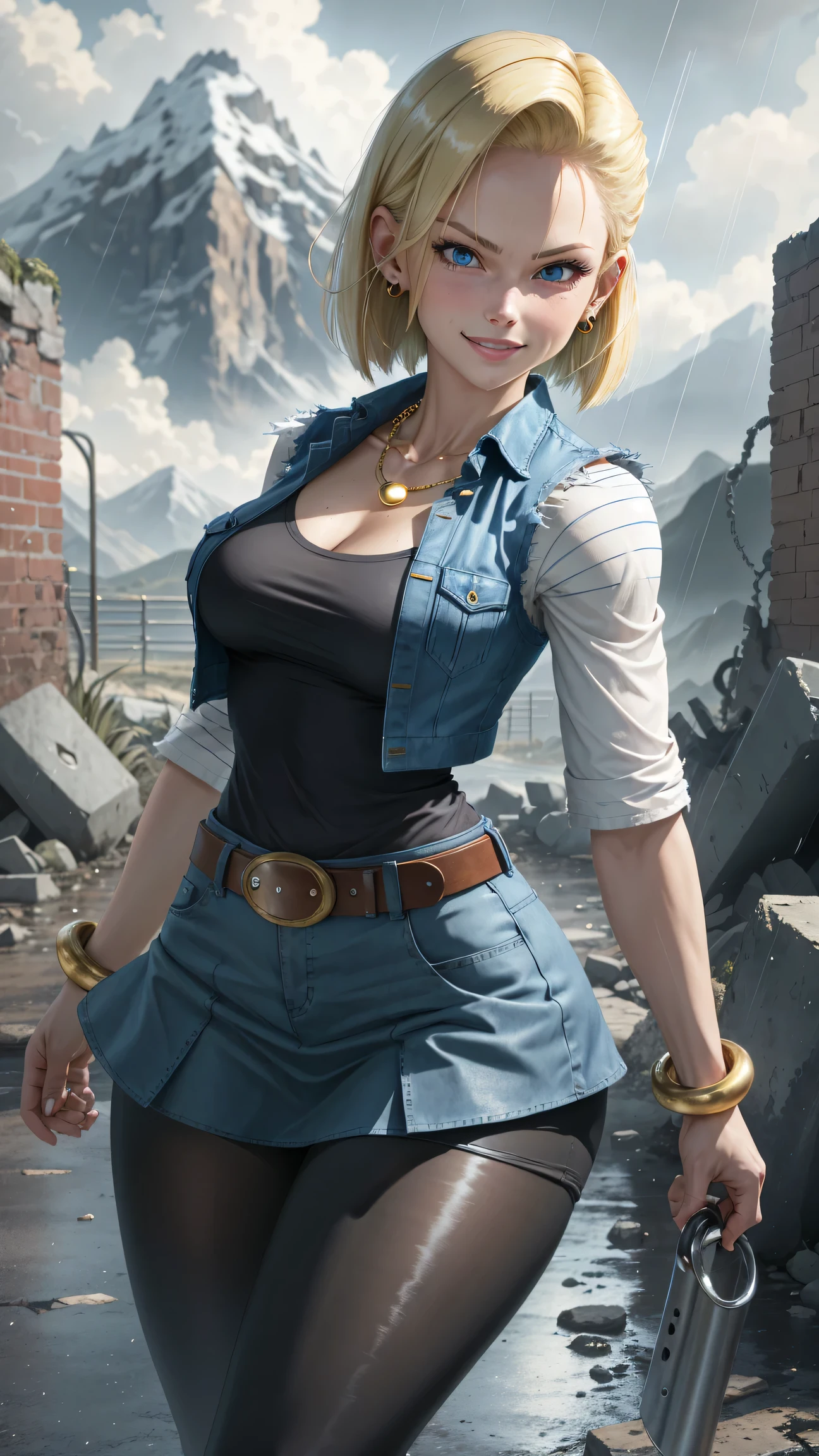 best quality, highres, and18, 1girl, android 18, solo, blonde hair, blue eyes, belt, tight blue demin skirt, gold_necklace, bracelet, closed fists, black shirt, short hair, long white striped sleeves, earrings, open vest, denim vest, medium breasts, cowboy shot, mountains, straight-on, (weather: raining and windy), wet clothes, sexy smile, combat stance, full length pantyhose, battle ruins, wide hips, thick legs,
