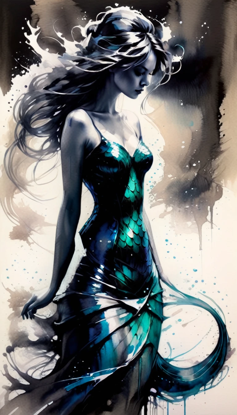 (best quality,ultra-detailed,realistic,ink drawing:1.2),wind-blown hair,woman,((Ashley Wood style)),female figure,expressive eyes,gently flowing dress,graceful pose,subtle shading,striking composition,dynamic lines,vibrant ink strokes,contrasting light and shadow,intricate details,artistic flair,monochrome palette,emotionally charged,subdued background,fine art quality,mesmerizing beauty,hint of mystery,atmospheric ambiance,whimsical elements,depth and texture,ethereal aura,sophisticated elegance,impeccable craftsmanship,skillful ink work,thought-provoking,imagination-stirring,unforgettable impression,ink on paper effect,organic and fluid,unique visual style,touched by artistic genius,intense and captivating,classic yet contemporary,visually stunning composition best quality,4k,8k,highres,masterpiece:1.2,ultra-detailed,photorealistic,advertising poster,mermaid,storm,monochromatic,harrowing,contrasting colors,dynamic lighting,water reflections,striking composition,dramatic atmosphere,mysterious concept