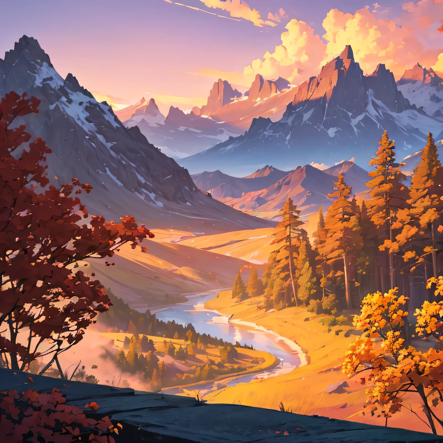 a beautiful sunset over the majestic mountains, with a tranquil river flowing through the landscape and picturesque farmlands. The scene captures the golden hues of the setting sun, casting a warm glow on the mountains and reflecting on the calm water of the river. The vibrant colors of the surrounding nature, from the lush green fields of the farms to the vibrant flora, create a serene and idyllic atmosphere. The mountains stand tall and proud, their peaks kissed by the last rays of sunlight, creating a mesmerizing silhouette against the dusky sky. The entire scene is bathed in the warm and soft light of the setting sun, evoking a sense of tranquility and awe. The high-resolution image captures every minute detail, allowing the viewer to appreciate the intricate textures of the mountains, the shimmering water of the river, and the delicate blooms of the farms. The painting-like quality of the image adds a touch of artistic elegance, creating a masterpiece that combines the beauty of nature with the skill of a master painter. The overall color palette is dominated by warm tones, with shades of orange, pink, and purple creating a harmonious and dreamy ambiance. The lighting in the scene is soft and gentle, with the setting sun casting long shadows and emphasizing the contours of the landscape. This exquisite scene captures the essence of a serene sunset over a picturesque natural landscape—a sight that fills the heart with tranquility and wonder.