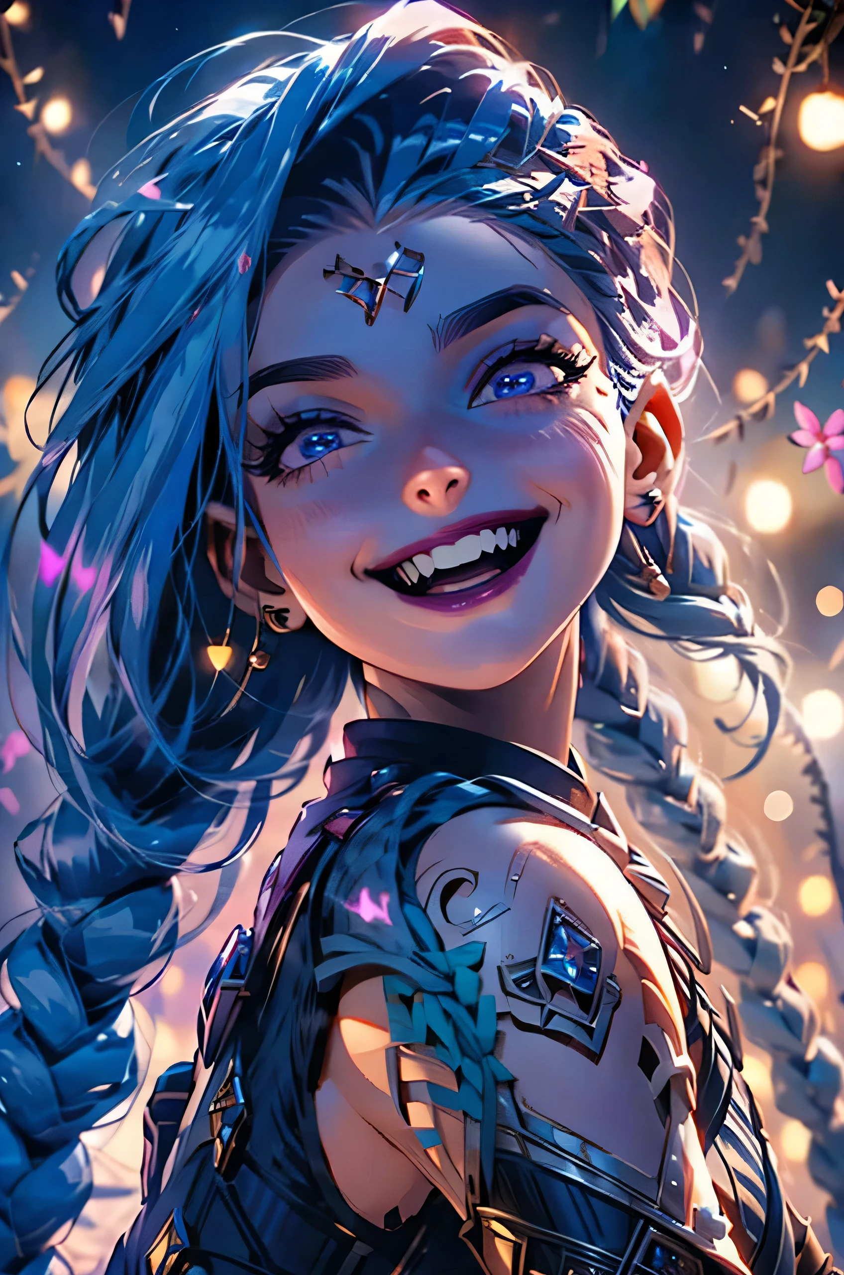 Nsfw, Jinx, league of legends, (master part, best quality;1.3), extremamente detalhado ,ultra detalhado, 1girl,sozinho, seios pequenos, sorriso maligno, ornamento de cabelo, Brincos, Olhando para o Viewer, mini saia, micro bra, olhos roxos, 4k resolution, ultra-realistic, altamente detalhado, corpo inteiro, noite, dynamic lights, lua cheia,