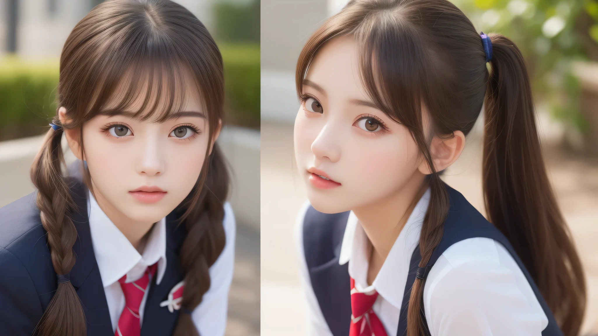 (2girl), (extremely detailed beautiful face), (highly detailed eyes, highly detailed face), (Pig tails hair), (high school uniform), Fresh, very clean appearance, (best Quality:1.4), (hyper-realistic, hight resolution), Professional Photography, standing, Outdoors, Close up portrait of girl, staring at me, (Fine face:1.2),