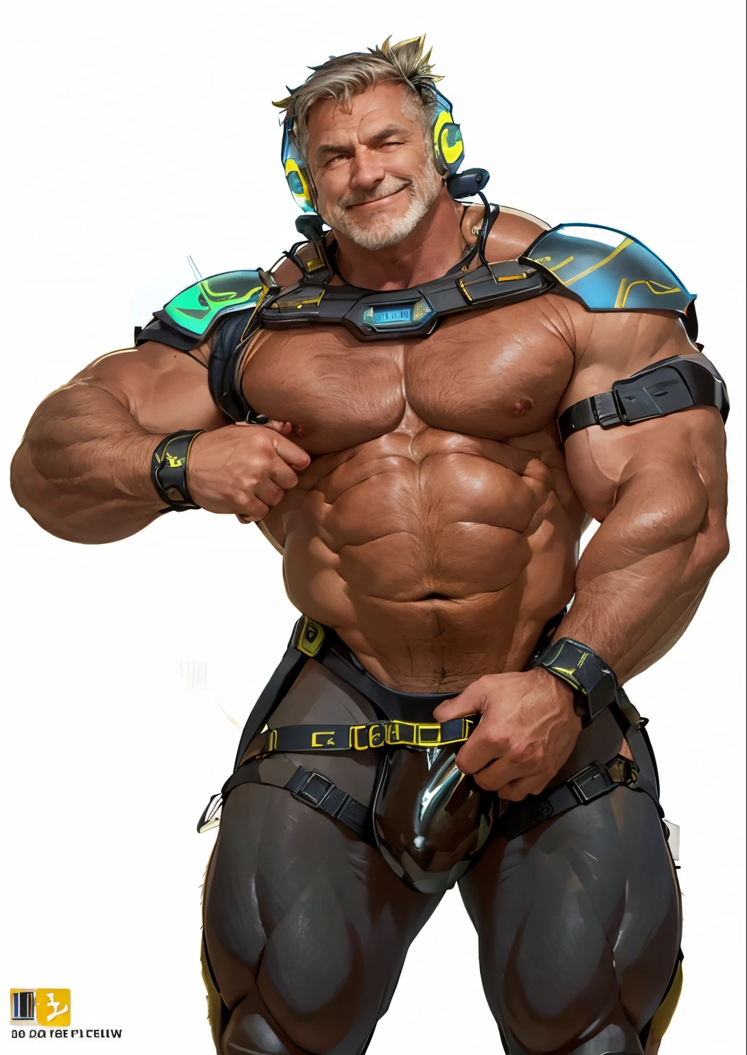 full body portrait, strong burly hairy mature older man(space captain), wearing futuristic captain's uniform insignia (neon and black) (open and revealing) (latex) , gray hair, broad shoulders, round belly, thick feet, bulging micro thong, barefoot, scifi spaceship captain uniform, neon lights, best quality elegant masterpiece, military buzzcut, dark mustache, gray stubble, latex, wearing a latex thong, big bulging crotch, futuristic gear equipment, wearing see through plastic chest armor (neon yellow and electric blue), wearing neon yellow see through chest armor, wearing electric blue latex chaps(see-through) , wearing cool neon sneakers,in spaceship cockpit, lying in spaceship sleeping quarters(bed) (view from above), smiling with teeth showing, nicebulge, waiting in bed, glowing armor, legs up(!) and spread(!) , big muscle ass, hairy pecs, thick long legs, silver hair, 