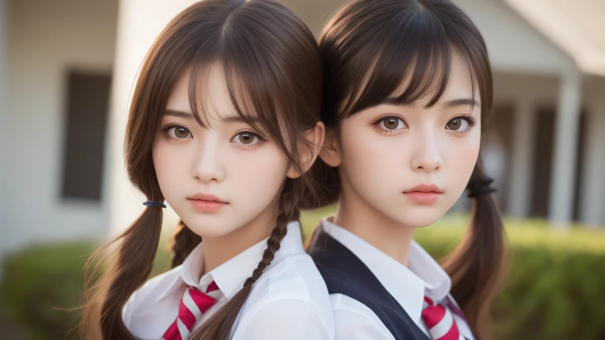 (2girl), (extremely detailed beautiful face), (highly detailed eyes, highly detailed face), (Pig tails hair), (high school uniform), Fresh, very clean appearance, (best Quality:1.4), (hyper-realistic, hight resolution), Professional Photography, standing, Outdoors, Close up portrait of girl, staring at me, (Fine face:1.2),