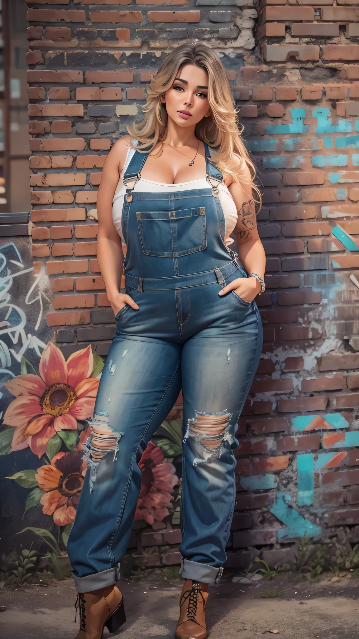 beautiful 29 year old girl, , voluptuous body, big breasts, overalls, looking at camera, graffitied old brick wall, Hyperrealism, bloom, cowboy shot, UHD, best quality, highres, high details, 8k, perfect face