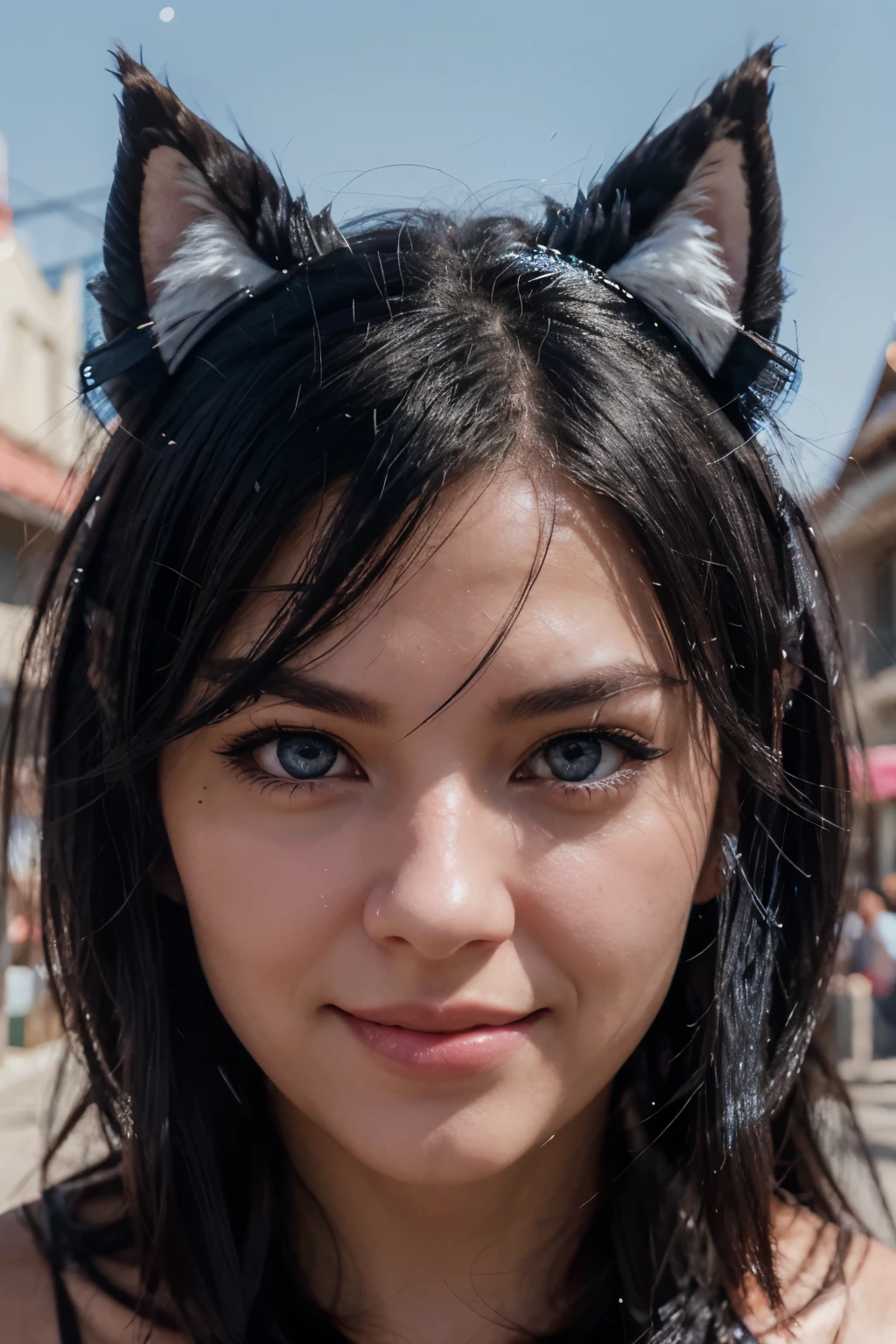 black hair, hair bobbles, wince, longeyelashes, solid circle blue eyes, fake animal ears, light smile, ear blush, fang, Surrealism, drop shadow, anaglyph, stereogram, tachi-e, pov, atmospheric perspective, 8k, super detail, ccurate, best quality