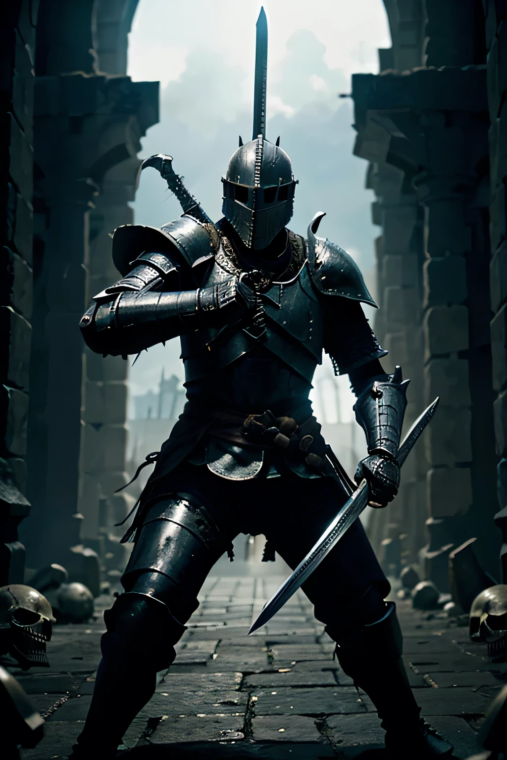 A knight from the game dark souls is fighting skeletons with a huge sword 