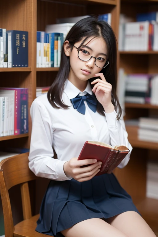 (8k, RAW Photos, Realistic: 1.25), masterpiece, highest quality, Ultra HD, Very beautiful and elegant Japanese woman, 15 years old, i always wear glasses, Beautiful black hair, Beautiful Skin, Slim body,Large Breasts, Realisticで詳細な日本の高校の制服, Navy Pleated Skirt,Realistic and detailed school library, Reading a book in the library, Random Pause, Perfect Anatomy, Accurate and correct number of fingers