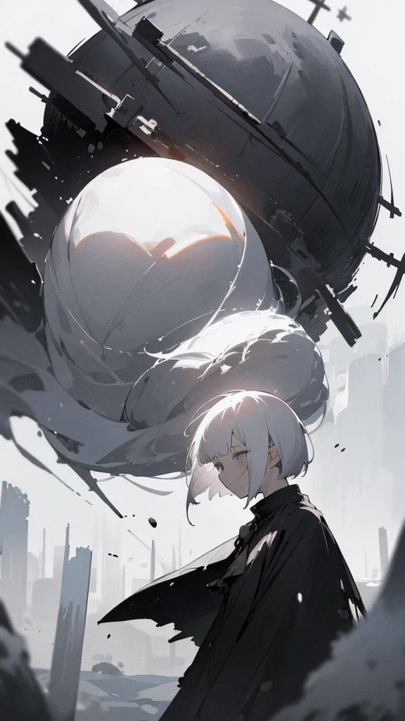 (masterpiece、highest quality)、Short nape hair、1 girl with very short white hair、Black cardigan、Grim expression、Grey Eyes、Warm lighting、 Blurred foreground、Deep in the night、High Contrast、night,Heavy snowfall,winter,full moon,Destroyed world