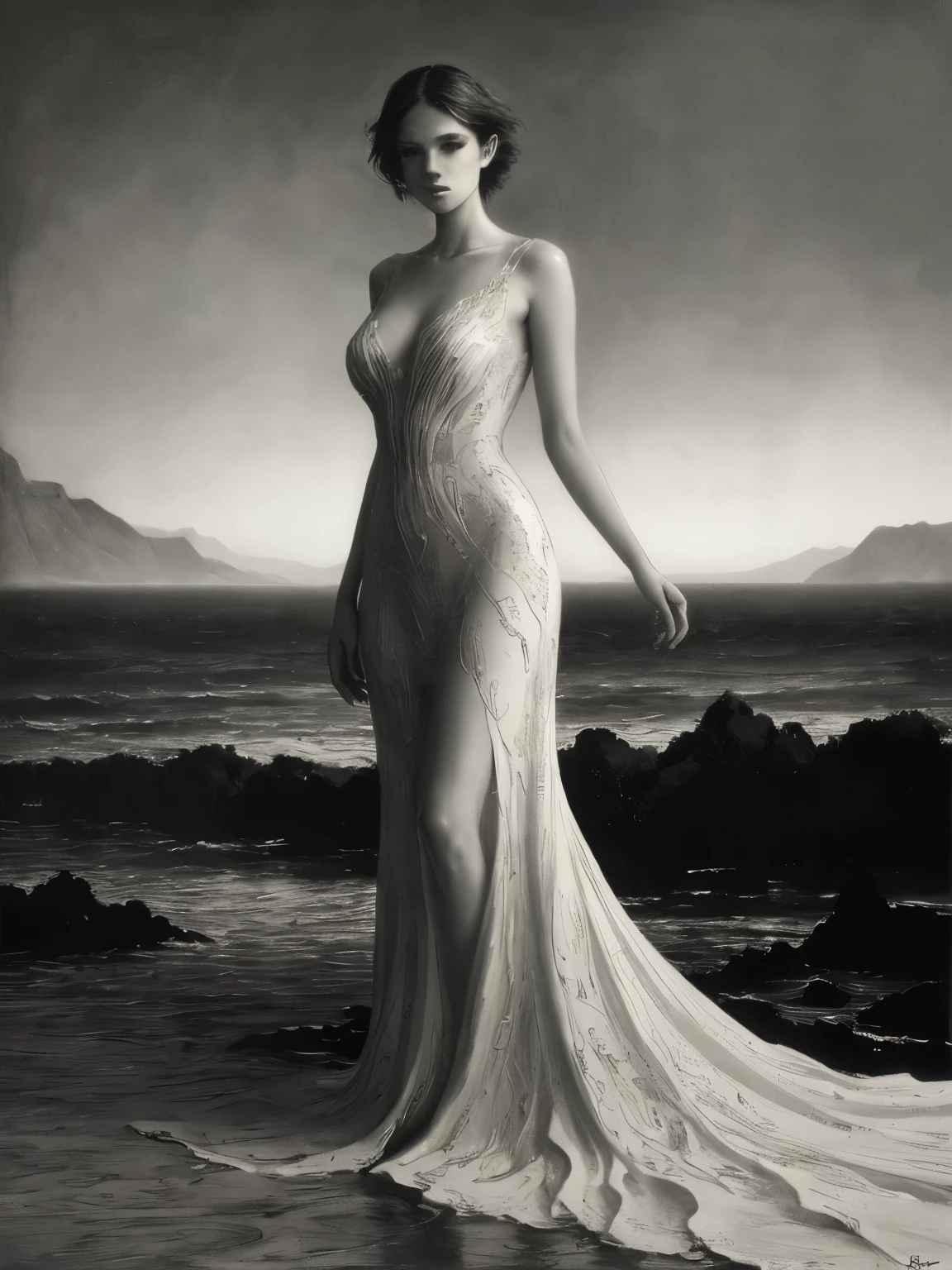 (best quality,ultra-detailed,realistic,ink drawing:1.2),wind-blown hair,woman,((Ashley Wood style)),female figure,expressive eyes,gently flowing dress,graceful pose,subtle shading,striking composition,dynamic lines,vibrant ink strokes,contrasting light and shadow,intricate details,artistic flair,monochrome palette,emotionally charged,subdued background,fine art quality,mesmerizing beauty,hint of mystery,atmospheric ambiance,whimsical elements,depth and texture,ethereal aura,sophisticated elegance,impeccable craftsmanship,skillful ink work,thought-provoking,imagination-stirring,unforgettable impression,ink on paper effect,organic and fluid,unique visual style,touched by artistic genius,intense and captivating,classic yet contemporary,visually stunning composition best quality,4k,8k,highres,masterpiece:1.2,ultra-detailed,photorealistic,advertising poster,mermaid,storm,monochromatic,harrowing,contrasting colors,dynamic lighting,water reflections,striking composition,dramatic atmosphere,mysterious concept