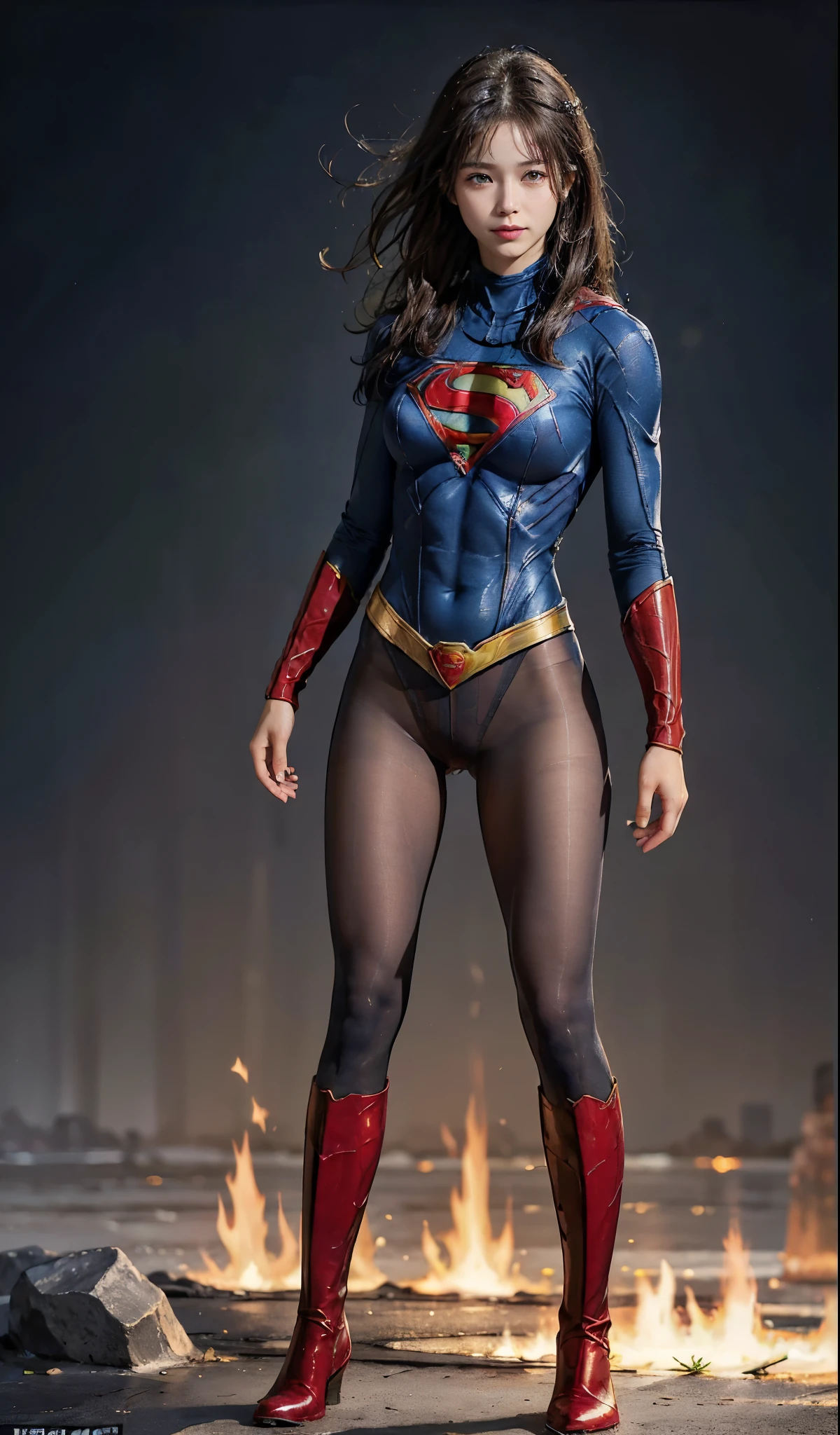 No background、(((Beautiful legs in black tights.)))、(((Legally express the beauty of your smile)))、((((Make the most of your original images)))、(((Supergirl Costume)))、(((Beautiful Hair)))、(((suffering)))、(((Please wear black tights....、Wear red boots)))、((Best image quality、8K))、((highest quality、8K、masterpiece:1.3))、(((Preserve background )))、Sharp focus:1.2、Beautiful woman with perfect figure:1.4、Thin abdominal muscles:1.2、Wet body:1.5、Highly detailed face and skin texture、8K