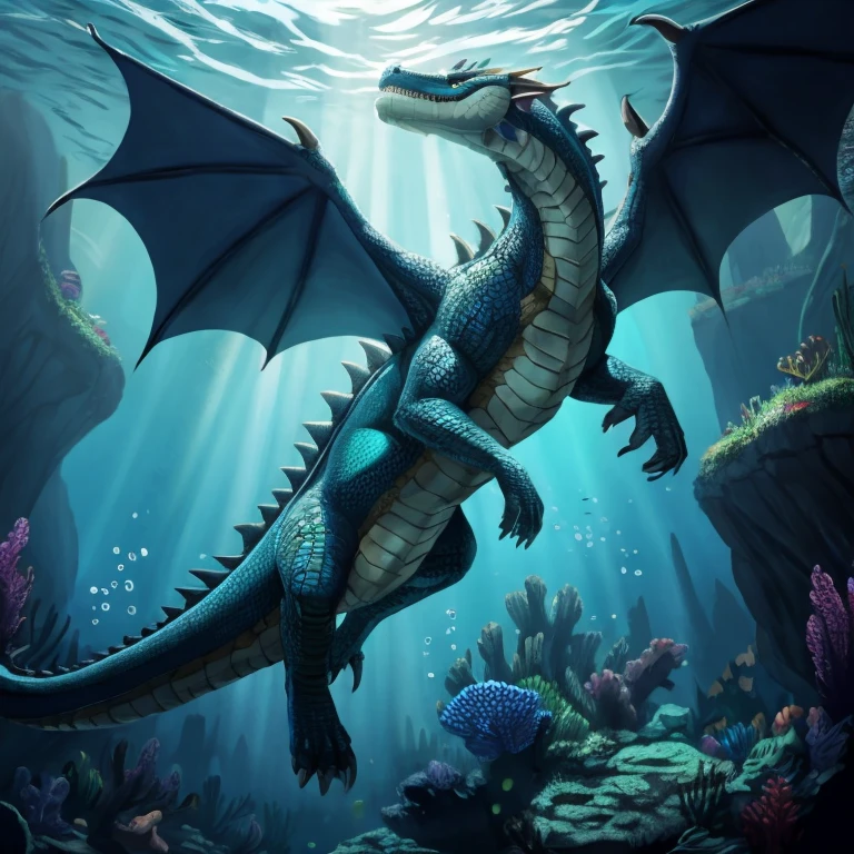 Underwater, deep underwater, ocean depths, looking up, aquatic dragon swimming above, looking at dragon from below, huge dragon, body like an alligator, large powerful tail, swimming with tail, breathtaking, gorgeous