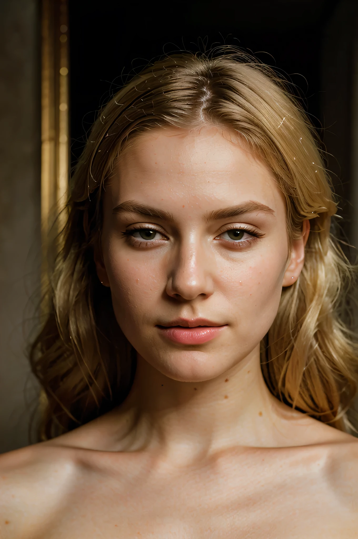 (Best Quality, Ultra Detail, Gold Ratio, Masterpiece:1.2), Theatrical Lighting:0.7, Image of a woman dressed in a very elegant and beautiful dress, Perfect rare face, (Highly detailed skin), Blonde with white hair, European appearance, and beautiful figure,Skin texture, Pale skin, Shiny skin, (Thin, large size:1.2), [:(Sharp focus on rare face, perfect eyes:1. 2):0. 2], photorealistic, film grain, cinematic, (tilt:1. 3) wary eye, standing under a spotlight, voluminous dust clouds, key light, backlight, soft natural light, Film grain ISO 400 30mm RAW lens aperture f1.8, highly detailed (analog photo:1), hdr color face close-up 
