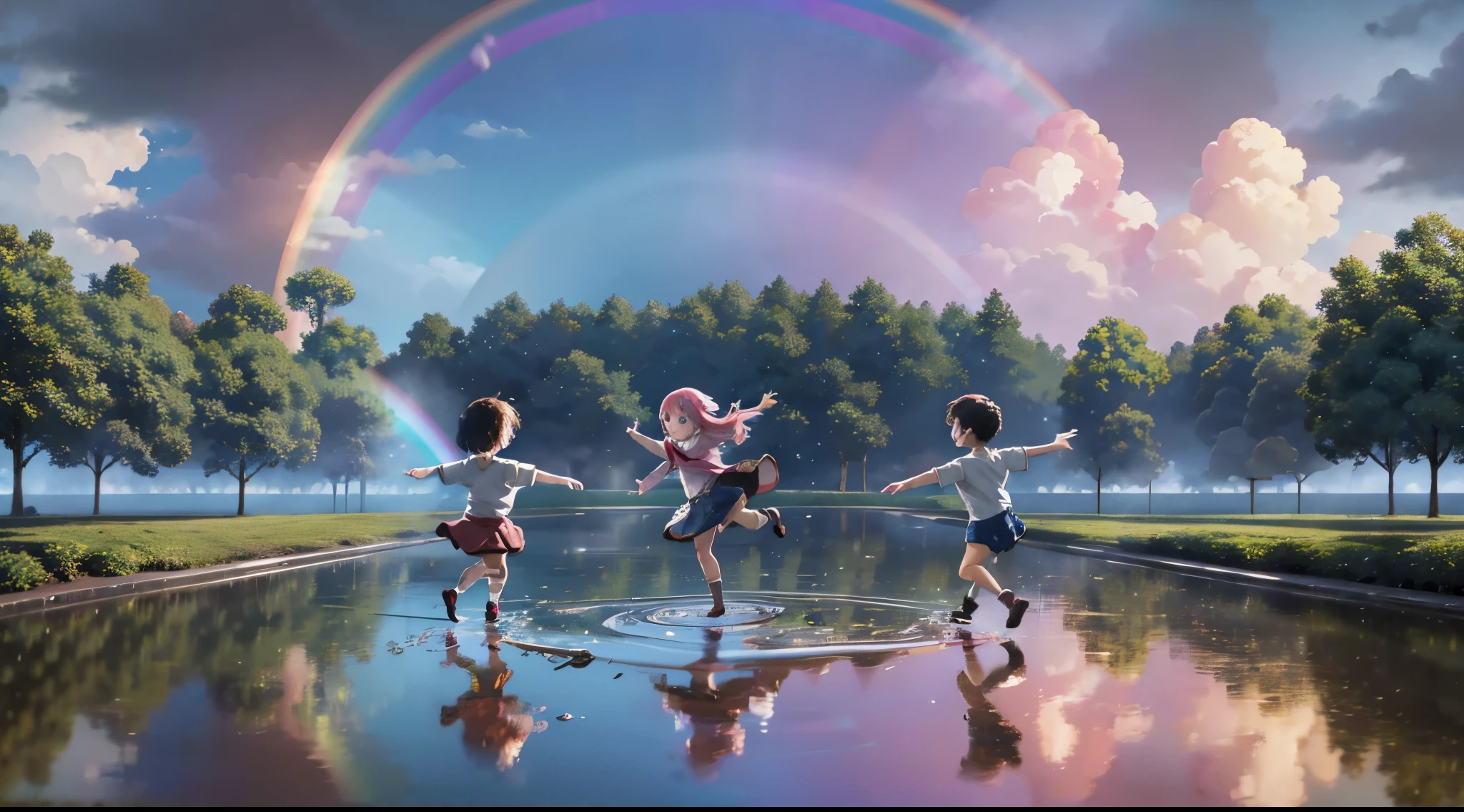 Produce an exciting anime masterpiece featuring the innocent joy of children as they splash around in a puddle. Emphasize the dynamic fun of the scene with the best possible HDR and UHD quality. Ensure the rainbow is a dazzling and prominent element, adding a touch of magic to the composition. Artists: Studio Ghibli (as studio reference), Akihiko Yoshida