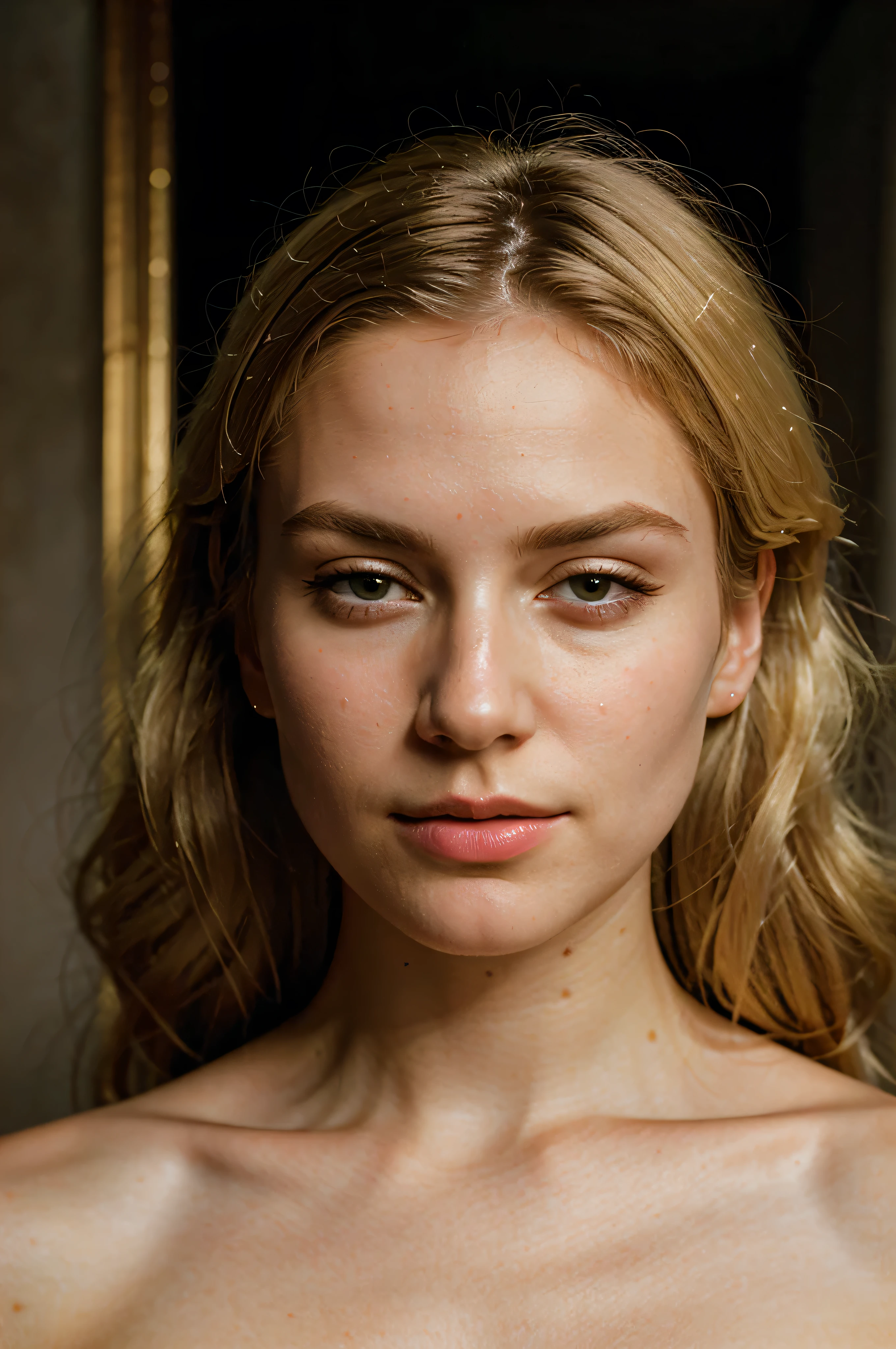 (Best Quality, Ultra Detail, Gold Ratio, Masterpiece:1.2), Theatrical Lighting:0.7, Image of a woman dressed in a very elegant and beautiful dress, Perfect rare face, (Highly detailed skin), Blonde with white hair, European appearance, and beautiful figure,Skin texture, Pale skin, Shiny skin, (Thin, large size:1.2), [:(Sharp focus on rare face, perfect eyes:1. 2):0. 2], photorealistic, film grain, cinematic, (tilt:1. 3) wary eye, standing under a spotlight, voluminous dust clouds, key light, backlight, soft natural light, Film grain ISO 400 30mm RAW lens aperture f1.8, highly detailed (analog photo:1), hdr color face close-up 