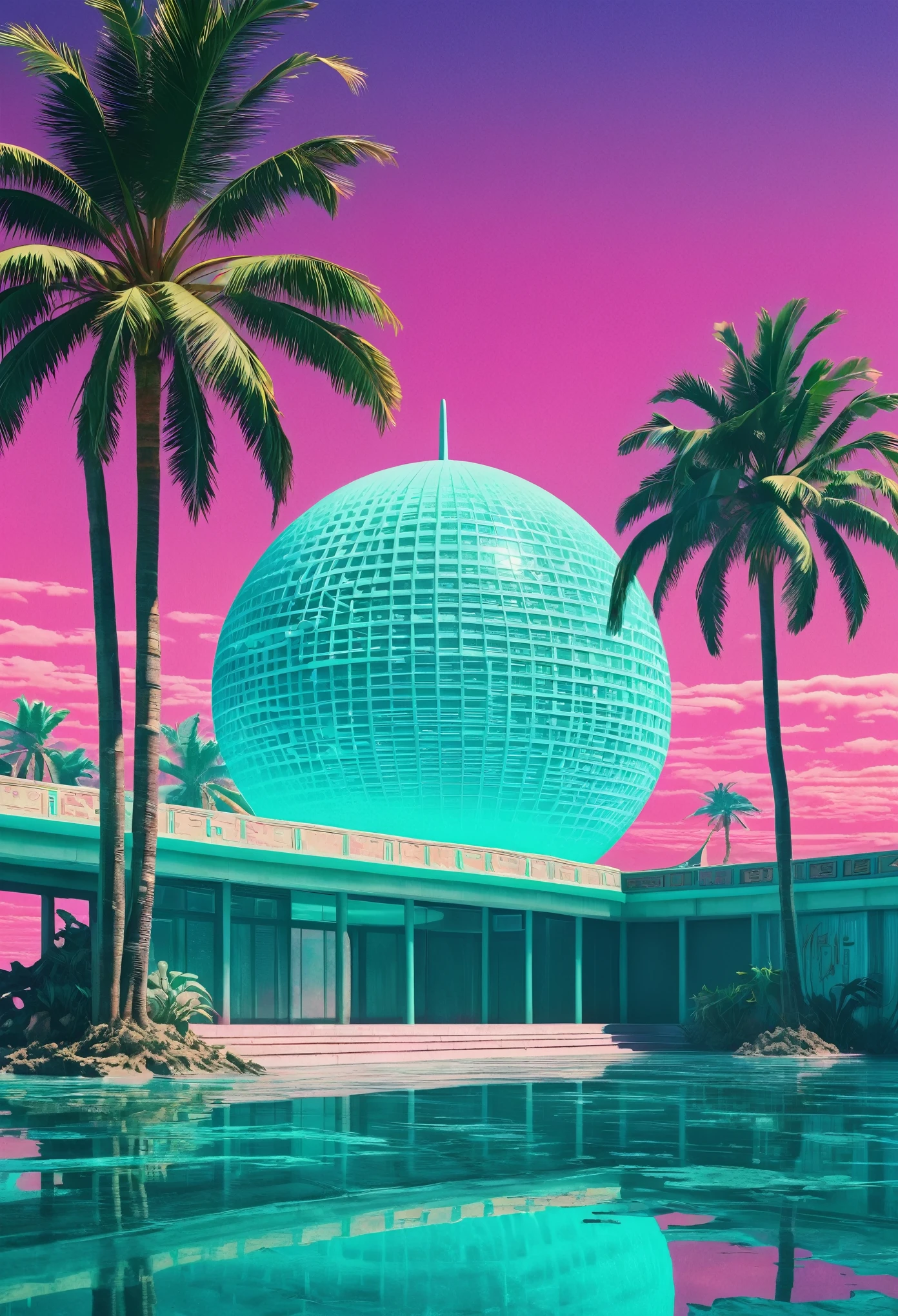 (vaporwave aesthetics:1.8)，futuristic city, English title，fantasy, matrix, desert, ocean, Chinese pavilions,Retro 70s screen close-up,coconut tree,24th century,Strong psychedelic colors and retro-future decadence,distressed and stylized, illusory、Collage、No order，dystopian、Lo-Fi、