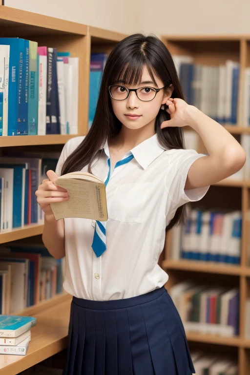 (8k, RAW Photos, Realistic: 1.25), masterpiece, highest quality, Ultra HD, Very beautiful and elegant Japanese woman, , i always wear glasses, Beautiful black hair, Beautiful Skin, Slim body, Realisticで詳細な日本の高校の制服, Navy Pleated Skirt,Realistic and detailed school library, Reading a book in the library, Random Pause, Perfect Anatomy, Accurate and correct number of fingers,Accurate hands