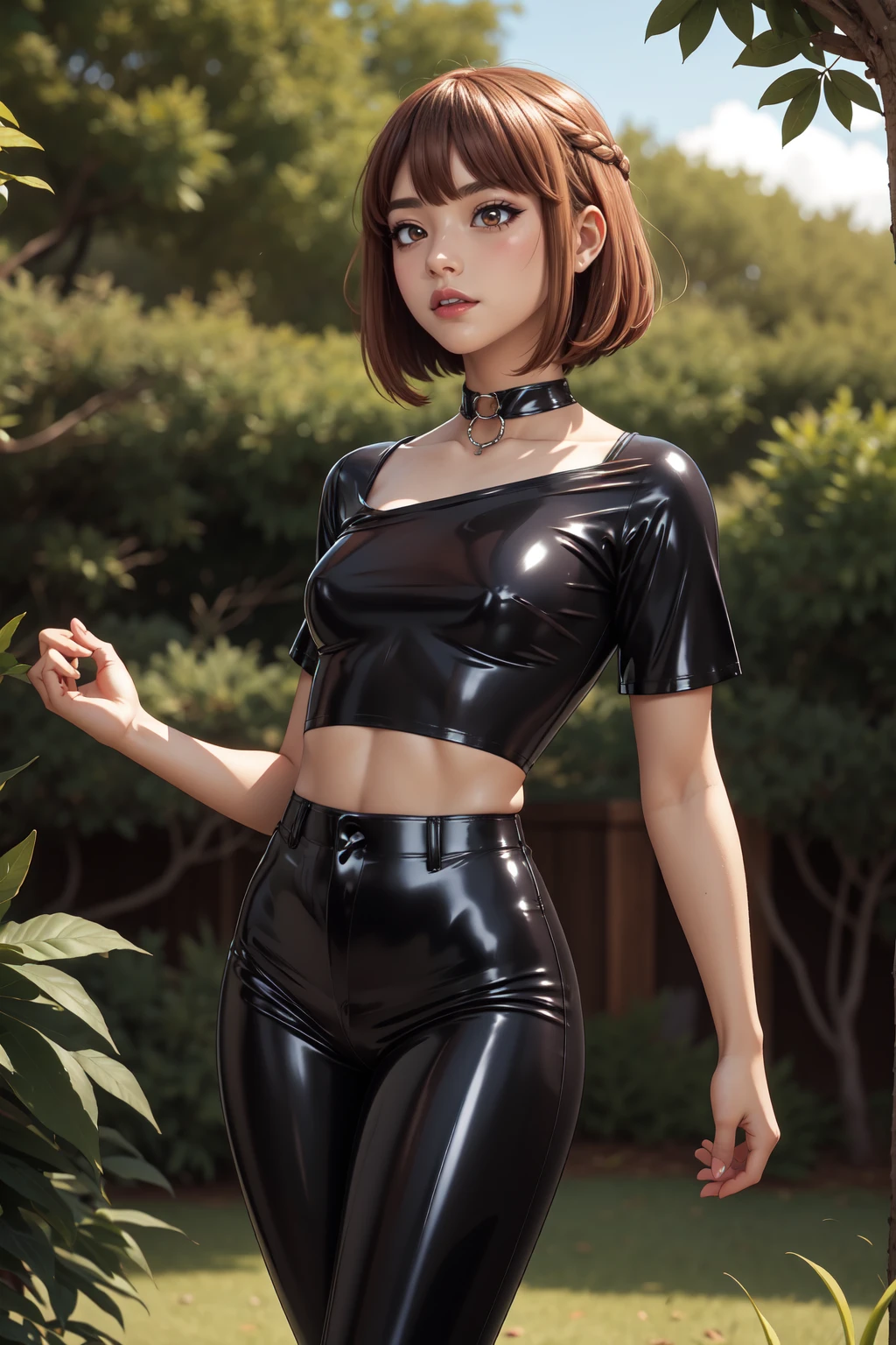 (obra de arte:1.0), (melhor_qualidade:1.0), Standing at attention, olhando para o espectador, 8k, 1 garota, Sozinho, uma garota personagem de anime com longos cabelos brancos usando (black latex shirt:1.2), (latex pants), couro, clavicle, latex, brilhante, umbigo,(black latex shirt:1.2), (latex pants), couro, clavicle, latex, brilhante, umbigo,, lindo , no meio do quintal, sentado e com as pernas abertas, virilha aberta