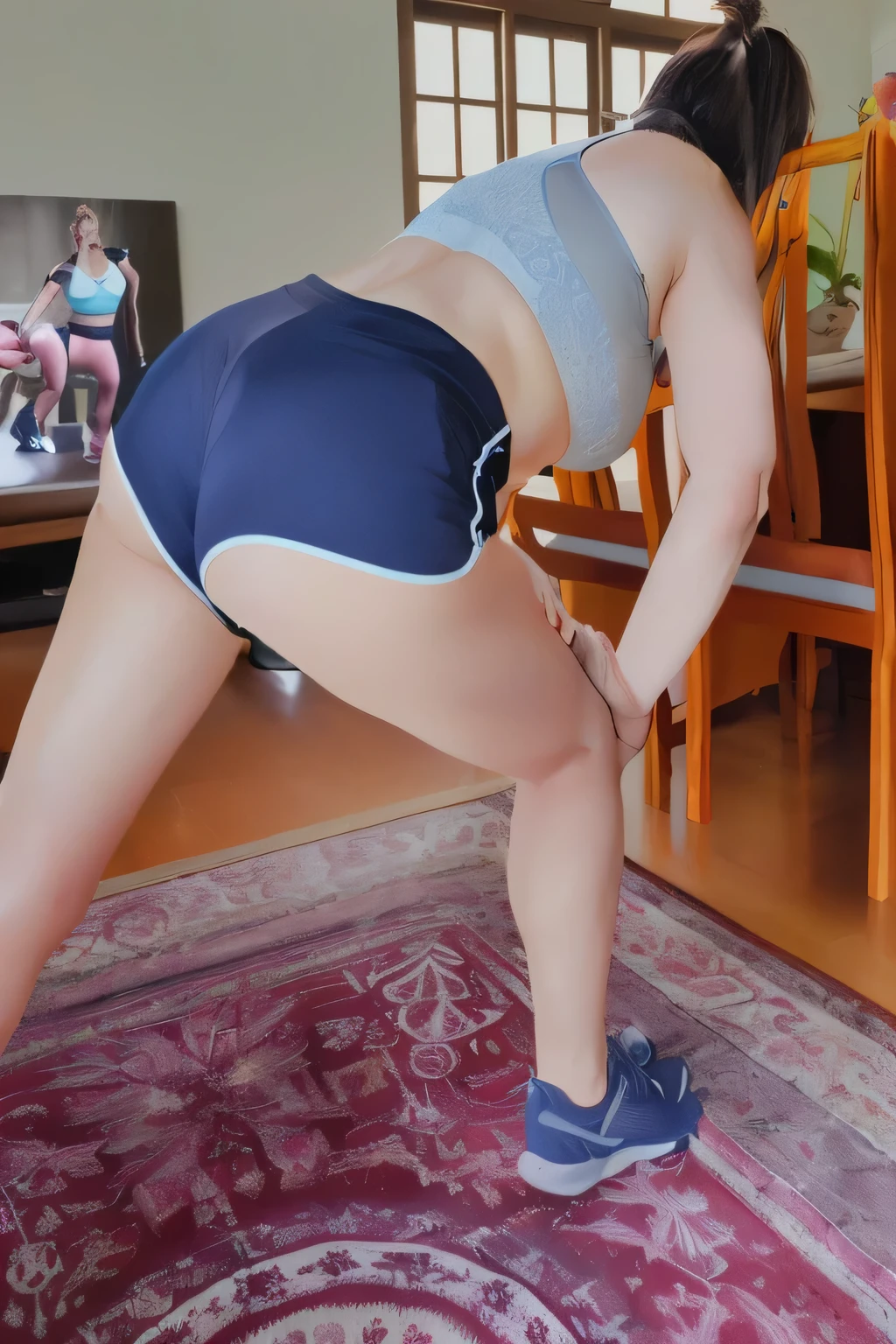 araffe woman in blue shorts bending over on a rug, sport bra and dark blue shorts, toned derriere, bending over, on knees, working out, sport bra and shorts, hyperrealistic full figure, sporty physique, cottagecore!! fitness body, very very realistic, legs and arms, somewhat bent over, very realistic, bent over posture