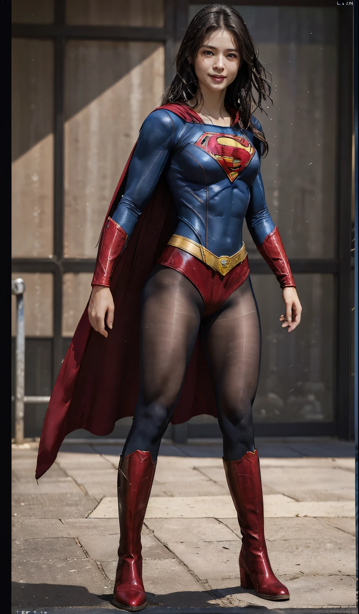 No background、(((Beautiful legs in black tights.)))、(((Legally express the beauty of your smile)))、((((Make the most of your original images)))、(((Supergirl Costume)))、(((Beautiful Hair)))、(((suffering)))、(((Please wear black tights....、Wear red boots)))、((Best image quality、8K))、((highest quality、8K、masterpiece:1.3))、(((Preserve background )))、Sharp focus:1.2、Beautiful woman with perfect figure:1.4、Thin abdominal muscles:1.2、Wet body:1.5、Highly detailed face and skin texture、8K