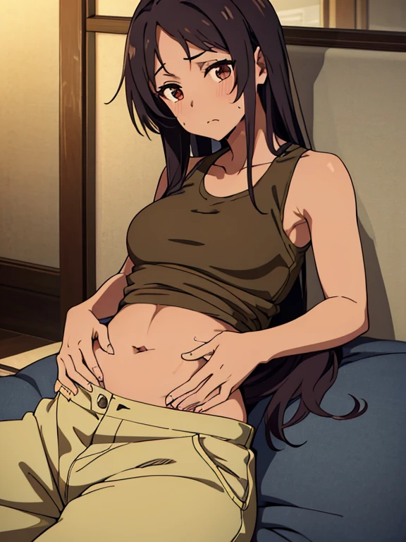 (masterpiece, high quality) brown skin anime girl in a lowcut tank top, (trousers), famished in hunger, (gently resting hands on stomach), (sweating), (long hair), (hands on her stomach)