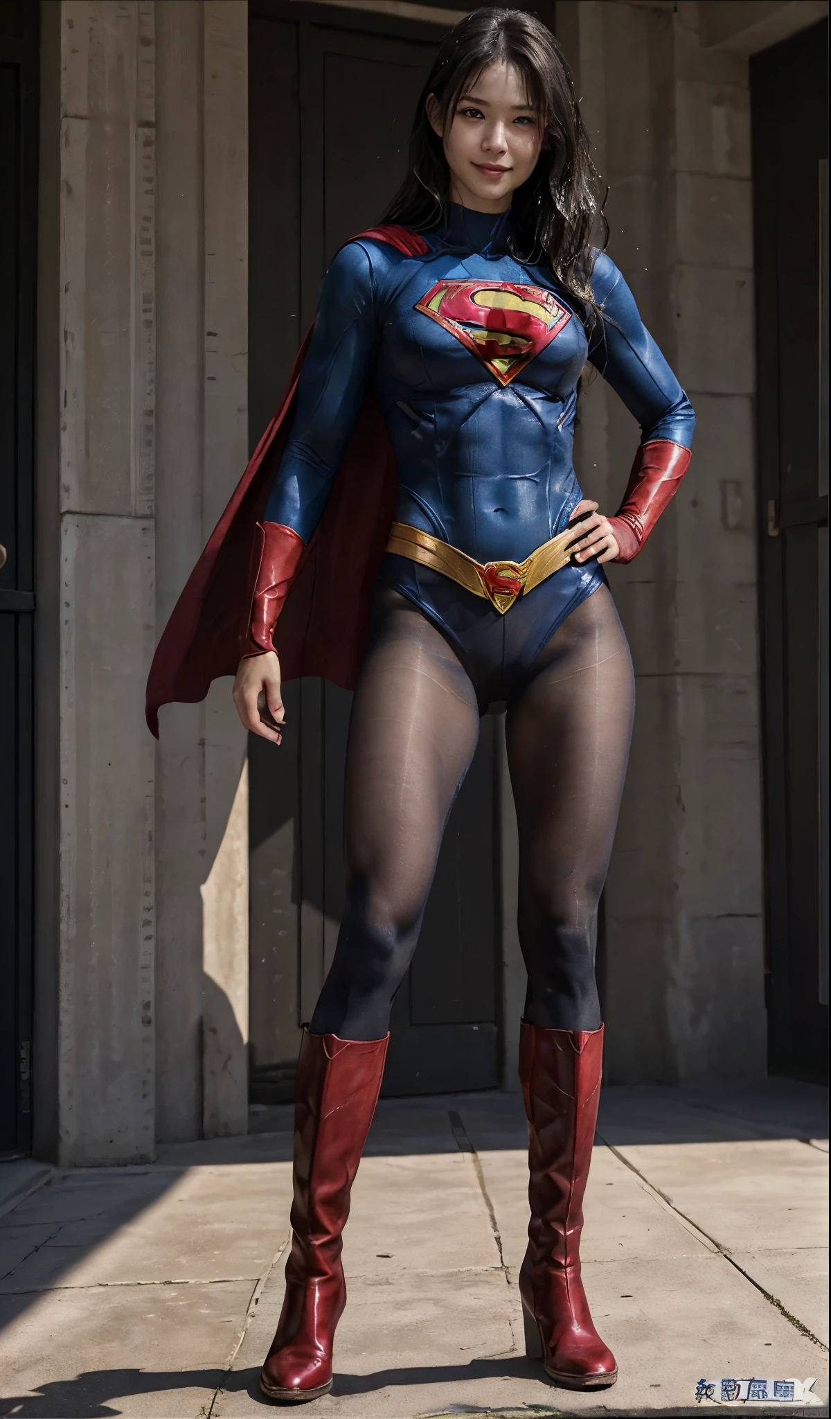 No background、(((Beautiful legs in black tights.)))、(((Legally express the beauty of your smile)))、((((Make the most of your original images)))、(((Supergirl Costume)))、(((Beautiful Hair)))、(((suffering)))、(((Please wear black tights....、Wear red boots)))、((Best image quality、8K))、((highest quality、8K、masterpiece:1.3))、(((Preserve background )))、Sharp focus:1.2、Beautiful woman with perfect figure:1.4、Thin abdominal muscles:1.2、Wet body:1.5、Highly detailed face and skin texture、8K