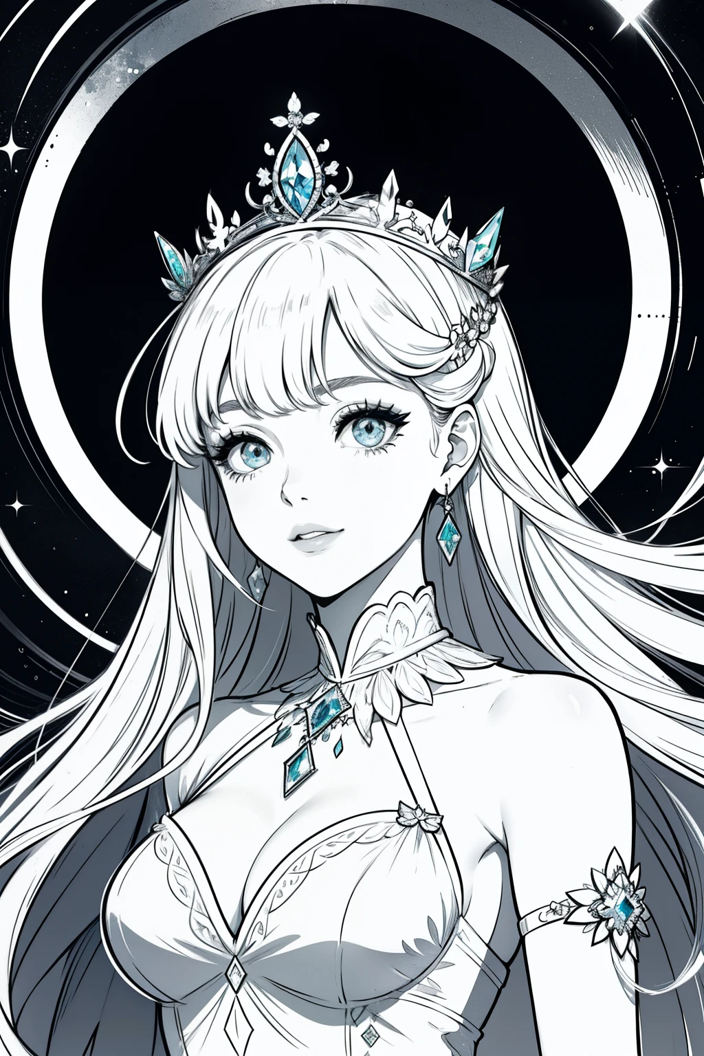 best quality, high resolution, clean background, high contrast, 1 girl, close-up of the head, white background, clean line drawings, vibrant colors, a long ice dress, ice crown on head. Big , big cleavage, ultra sexy ice queen