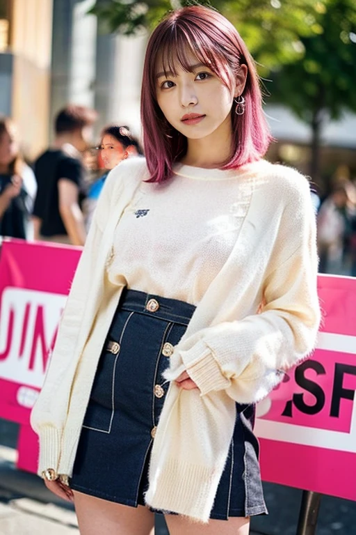 (highest quality, 4K, 8k, High resolution, Tabletop:1.2), Pink Hair、Beaver、Her breasts are beautiful and large。In the middle of a scramble crossing。Crowded with passers-by。Stand still and pull down your pants、Showing her see-through panties。shame。twins。Holding hands and shopping。Wearing a large, shabby white sweater 。twinsは足が長くてスタイルも抜群です.。twinsはそれぞれ黒いスカートを着ています。