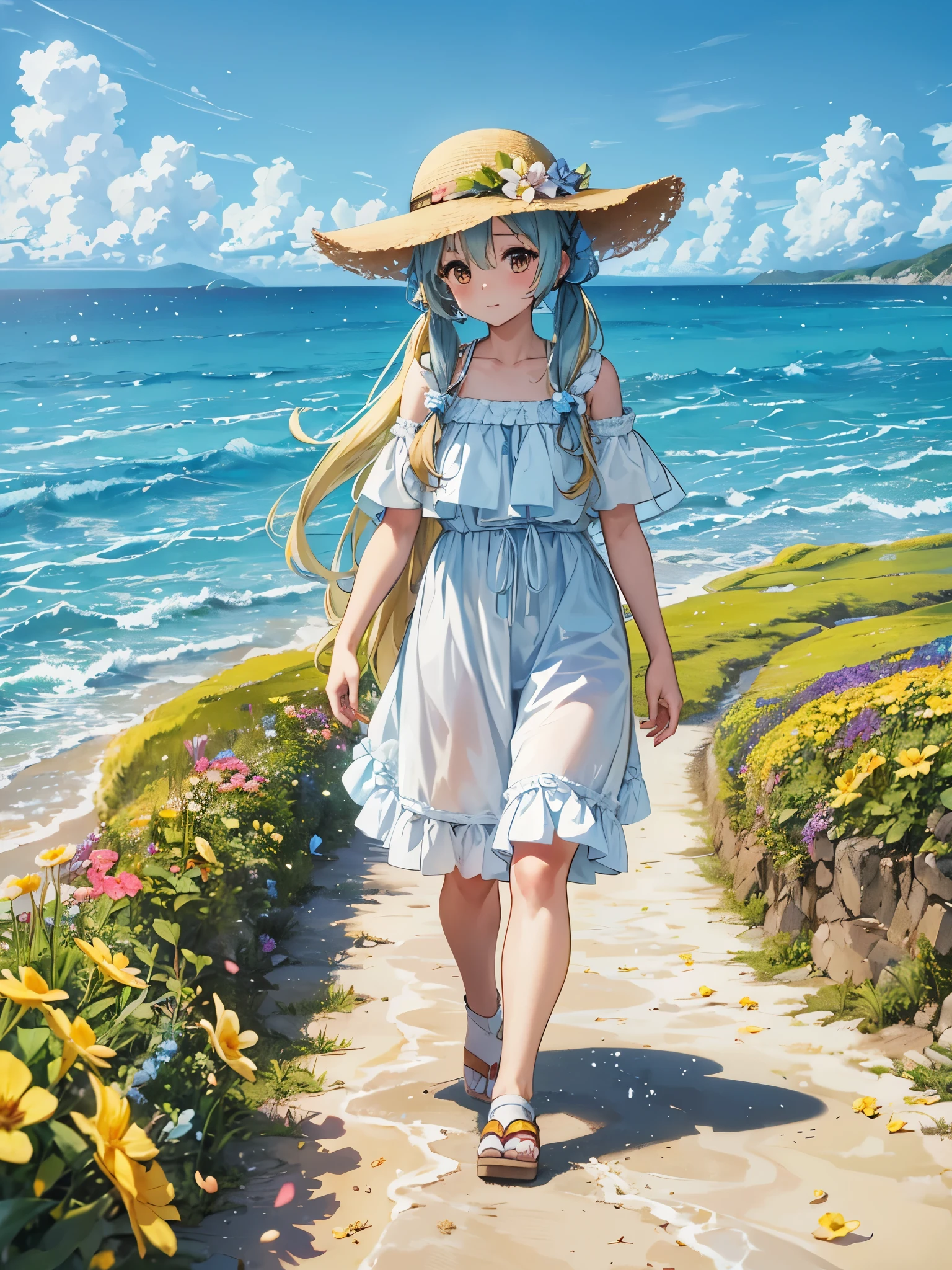 Light blue long hair、Beautiful girl with twin tails、Walking with my beloved golden retriever、Walking on the beach wearing a hat、Bigger in the center、looking at the camera、Flower field on the beach、