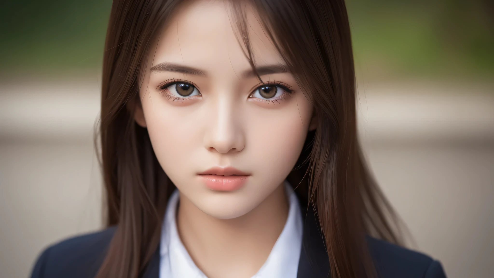 (2girl), (extremely detailed beautiful face), (highly detailed eyes, highly detailed face), (high school uniform), Fresh, very clean appearance, (best Quality:1.4), (hyper-realistic, hight resolution), Professional Photography, standing, Outdoors, Close up portrait of girl, staring at me, (Fine face:1.2),