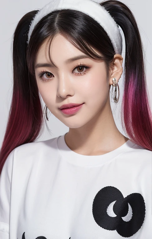 1 boyish, realistic tomboy,( (Best Quality, 8K, Masterpiece:1.3)), Focus:1.2, Perfect Body Beauty:1.4 , ((:1.2)), (night, Street:1.3), Highly detailed face and skin texture, Fine eyes, Double eyelids, Whitening skin, half dye, ! split hair dye!, dyed hair, white and black, two color hair,), big joyful smile with showing teeth, brilliant glitter makeup with strawberry lips, rosy checks, shiny colorful eyeshadow, winged eyeliner, (hair between eyes, Long sideburns, short choppy layers framing face, shoulder-length hair cascading down her shoulders, her hair is styled as twin tails, white and black, half and half hair dye!!, brilliantly colored, white and black, split dye, half & half hair dye, half and half dye, ! split hair dye!, dyed hair, white and black, two color hair,), (cute heart shape face and a round cheeks),gyaru-inspired white halter shirt with pink skull print, cropped off shoulder distressed denim jacket with patches and pins (sleeves rolled up), headwear, ears through headwear, numerous ear piercings, cross earrings, chocker, nailpolish, fingerless gloves (realistic woman) ,(ulzzang-6500:0.4 
