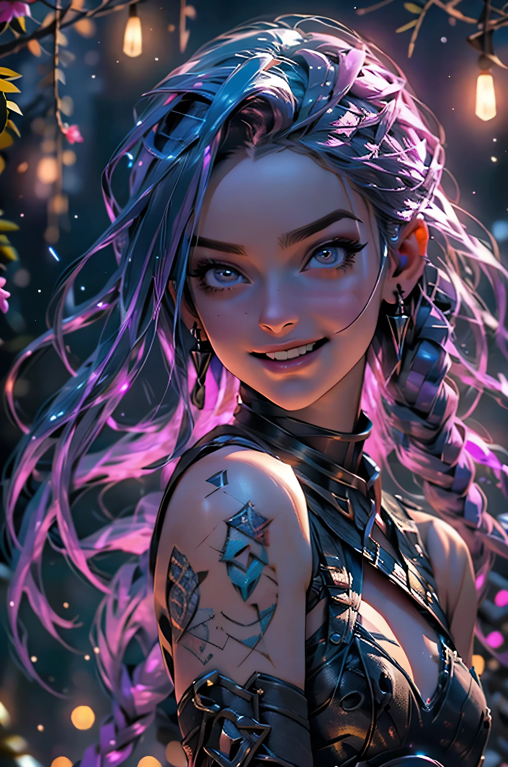 Nsfw, Jinx, league of legends, (master part, best quality;1.3), extremamente detalhado ,ultra detalhado, 1girl,sozinho, seios pequenos, sorriso maligno, ornamento de cabelo, Brincos, Olhando para o Viewer, mini saia, micro bra, olhos roxos, 4k resolution, ultra-realistic, altamente detalhado, corpo inteiro, noite, dynamic lights, lua cheia,