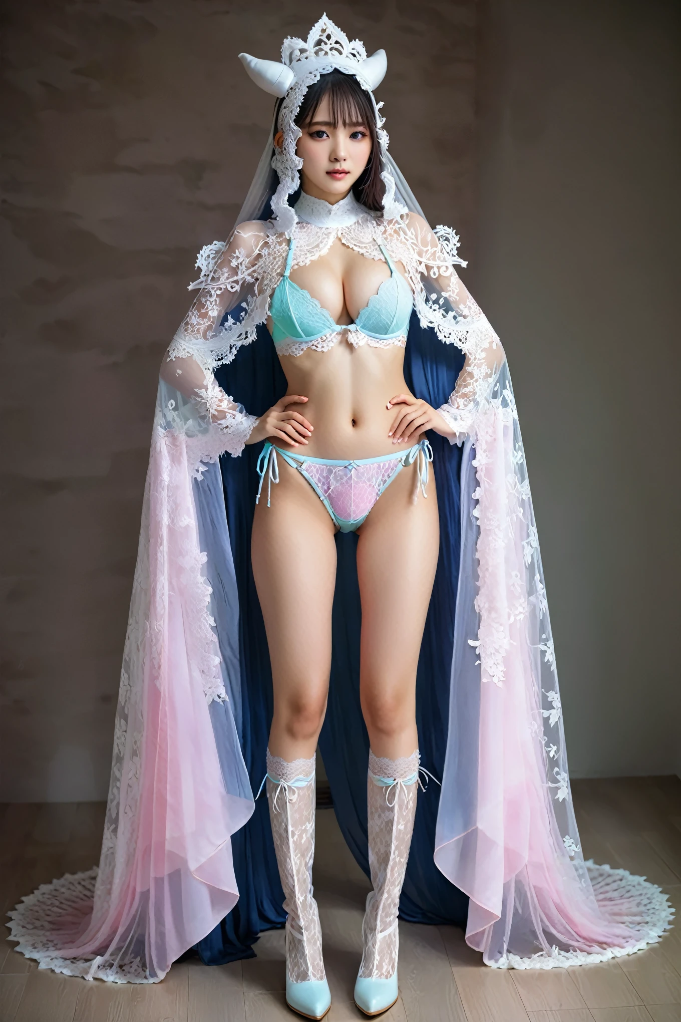 She looks like a very shy girl, The face is shy, full body xianxia, devil princess, Sexy pink bikini underwear,All-over lace,Lace panties, Lace top,Nearly transparent,pink lingerie,Long-legged girl,Put on your boots,White boots,Huge breasts,Put on your hat,fantasy服装, Put on a priest's cloak, pink cloak, lace cape,穿着fantasy服装, Standing on the street,For the audience,Real 8000g,Impeccable,masterpiece,Professional artwork,masterpiece,Light,Movie Bloom,Perfect face,Pretty Face,fantasy,Dreamy and magical,not real,Intricate details,beautiful pattern