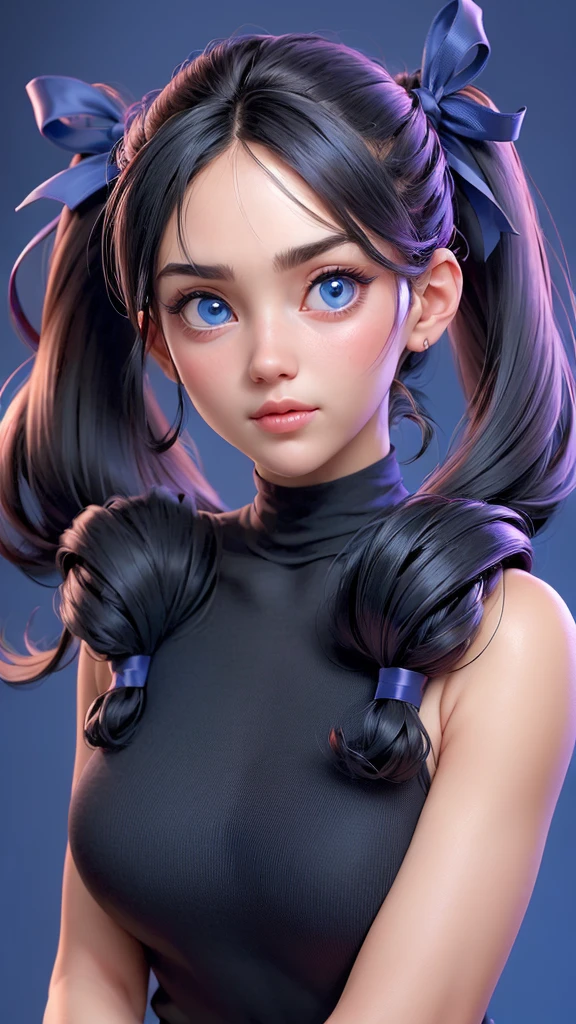 ( 1 woman_full body:1.5), alone, ( parted_Bun hair ), Cro-top shirt, looking at viewer, blue background, black hair, simple background, turtleneck, blue eyes, Lips, closed mouth, ribbon, hair ribbon, forehead, parted forehead, black ribbon,