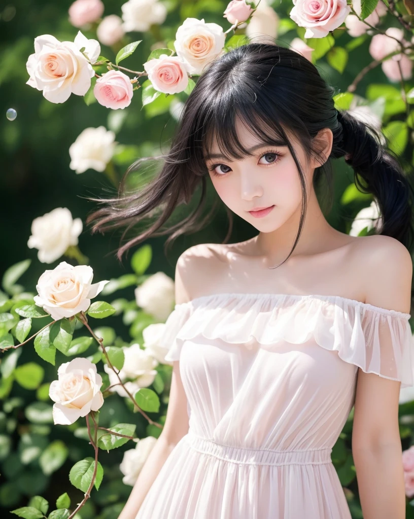 (highest quality, 32k, High resolution, masterpiece:1.5, ),Memorable photographs in an abstract style, ((In a swirl of fantastic pastel colors and soft light)), Evoking a sense of calm and elusive beauty, Very rich emotional expression, Have a rich imagination, Cute Japanese Girls, An exceptionally beautiful face, Magical big eyes, A gentle smile, Motherhood and generosity, Overflowing affection, ((Shiny black hair)), Ponytail swaying in the wind, Asymmetrical bangs, Hair between the eyes, Transparent and soft white skin, Neat, thin eyebrows, double eyelid, Detailed pale pink lips, ((white see-through dress)), Off the shoulder, High resolutionの完璧な鎖骨, High resolutionの美しい胸元, Slender body with ample breasts, High resolutionの美しい太もも, Soft sunlight, (Colorful sparkling light particles:1.3), Surrounded by many white roses, Professional Lighting, Professional Photographer, Professional Model,mysterious