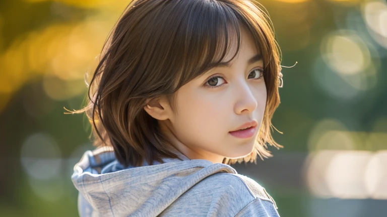 (8k, RAW Photos, highest quality, masterpiece:1.2), (Realistic, photo-Realistic:1.4), (Highly detailed 8k wallpaper), Perfect female body, Famous Japanese Idols, 20-year-old girl, Japanese Model, Medium Short Hair, Messy Hair, Light brown hair, hoodie,No underwear,