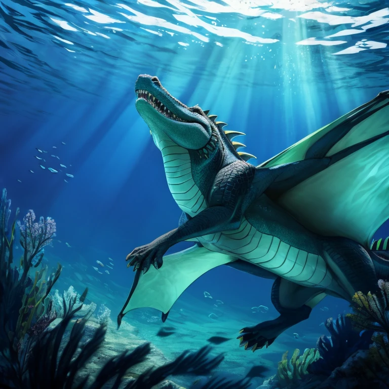 Underwater, deep underwater, ocean depths, looking up, aquatic dragon swimming overhead, looking at dragon from below, body like an alligator, large powerful tail, swimming with tail, wide shot, breathtaking, gorgeous